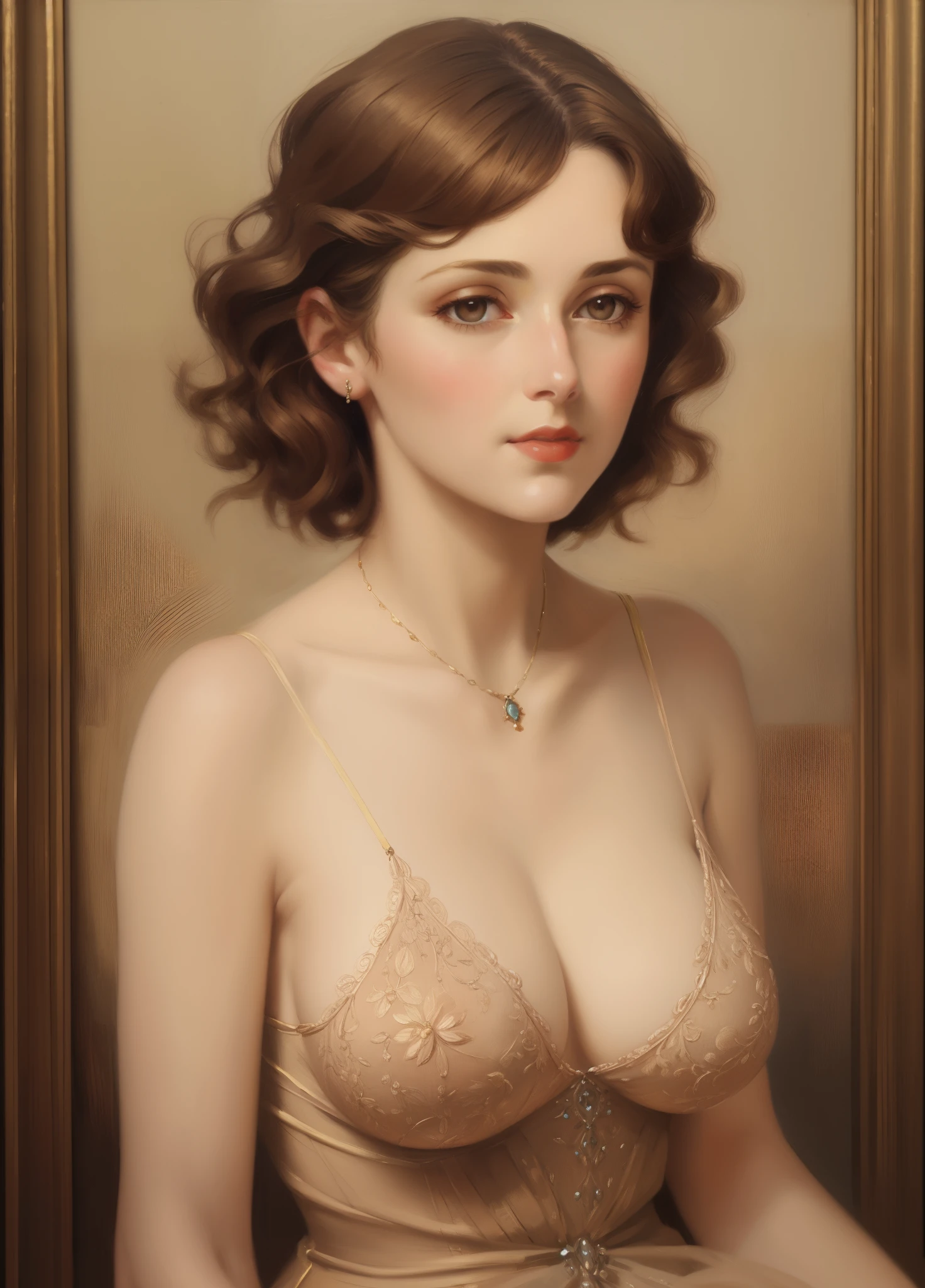 1woman, beautiful 20s, small breasts, short wavy brown hair, portrait, vintage oil painting, modern, realistic proportions, intricate, intricate details, sharp focus