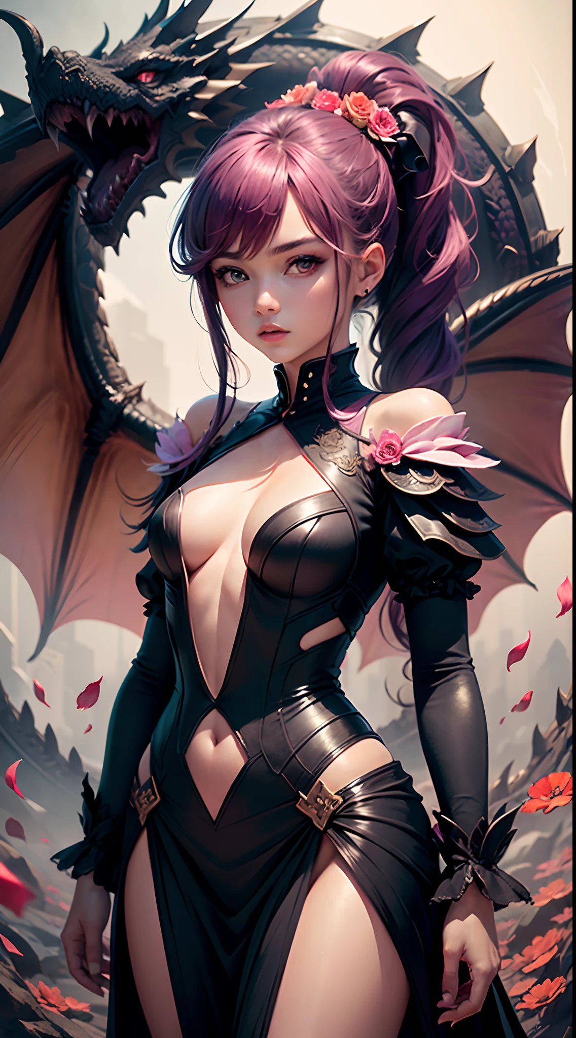 ((Masterpiece, Best Quality)), (Negative Space: 1.2), (1 Girl, Solo: 1.4), Petals, Pink Eyes, Dragon Girl, Long, Purple Hair, High Ponytail, Liquid Hair, Flowers, Dragon Background