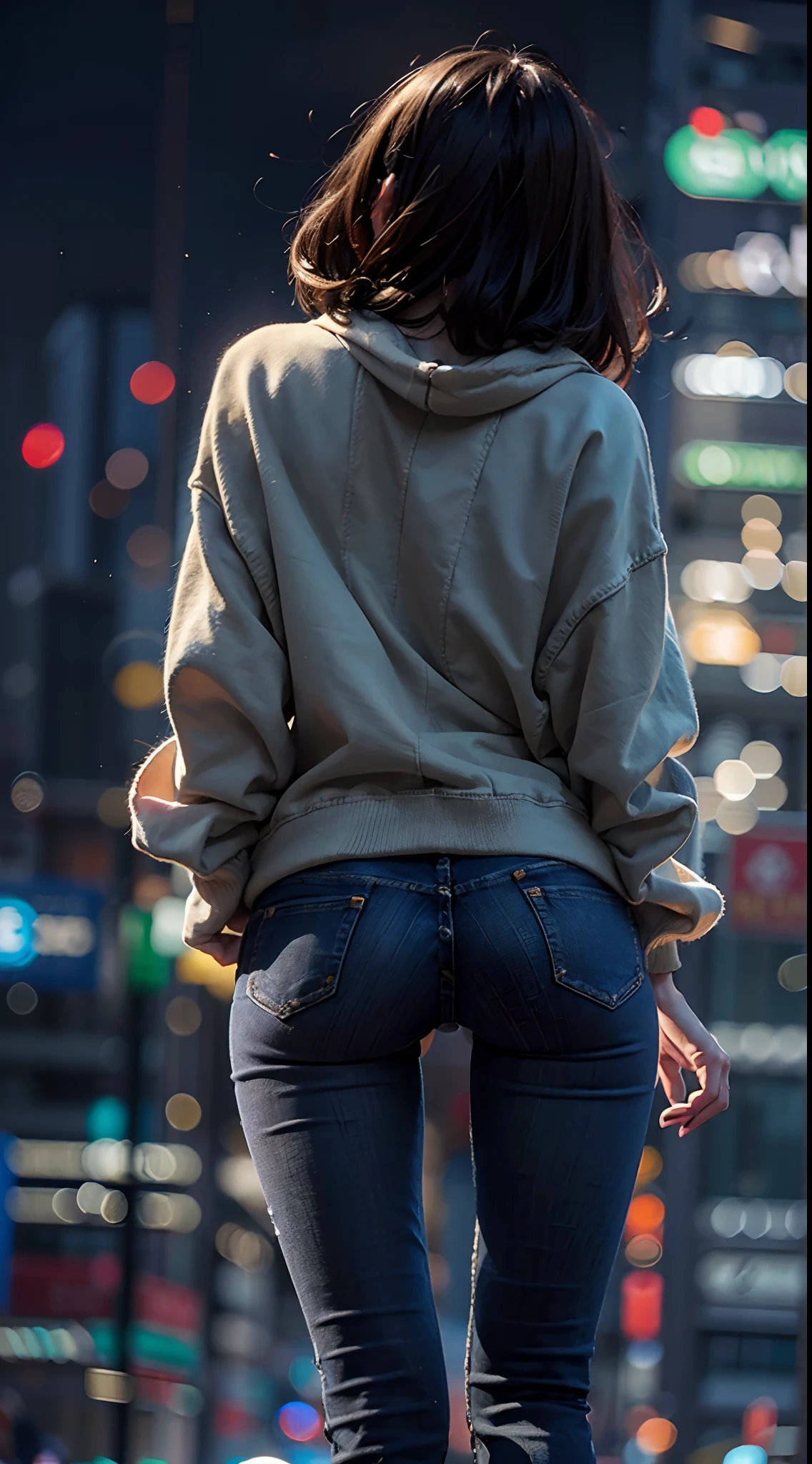 ((facing back)), ((Super close-up of buttocks)), ((Skinny Long Jeans)), ((Sweatshirt)), A city scape, (NSFW), 1womanl, Solo, 24 year old, 7headed body, (cute  face), (Ideal ratio body proportions), (Composition from head to thigh), Smiling smile, erectile nipple, Sexy body, Wet, short-hair, Dark hair, small tits, A slender, Small buttocks, beauty legs, Skinny Legs, surrealism, Cinematic lighting, depth of fields, One-person viewpoint, F/1.8, 135 mm, nffsw, masutepiece, ccurate, ((Anatomically correct)), Textured skin, Super Detail, high details, High quality, awardwinning, Best Quality, hight resolution, 8K