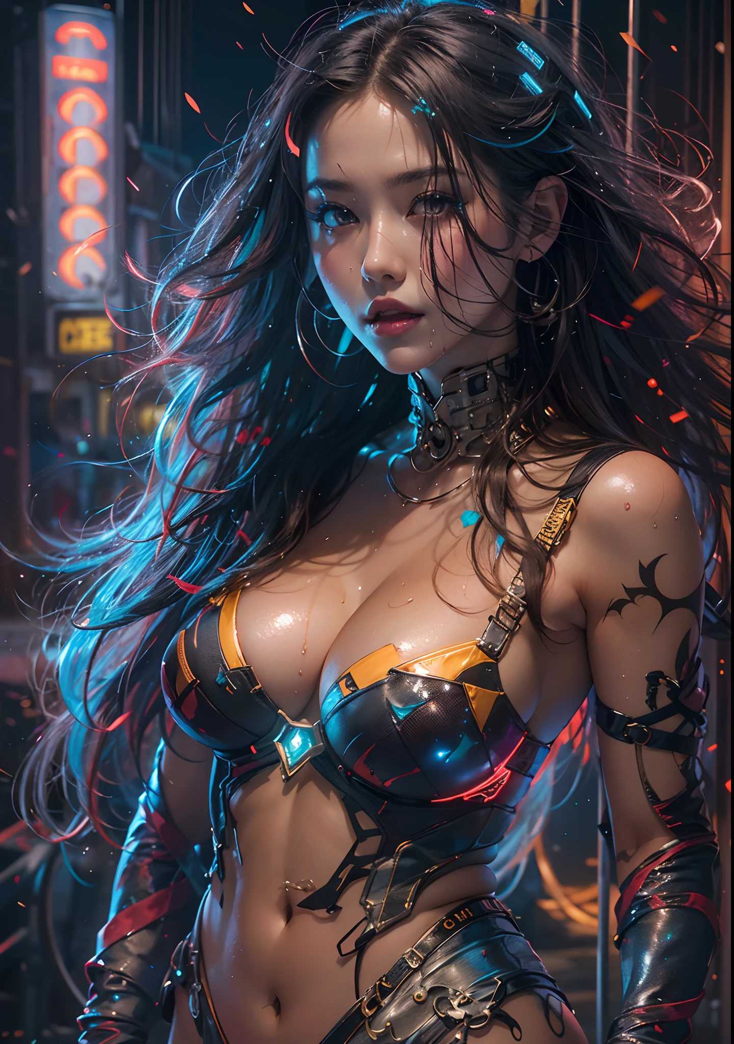 ((masterpiece))((highest quality))((27 year old girl,shoulder length highlight hair ))head to knee portrait ((she's seductively standing alluringly sexual revealing herself through opening her outfit. Her breasts are bursting out of her top. Her back is exposed. Huge buttocks.Partially exposed breast naked. )). ((Background is a Highly detailed cyberpunk club with multicolor LED lights. Graffiti .Luminous.))4k. Highly intricate details. Cinematic. Highly Reflective wet sidewalk. Full body portrait. 4k art by jeehyung lee