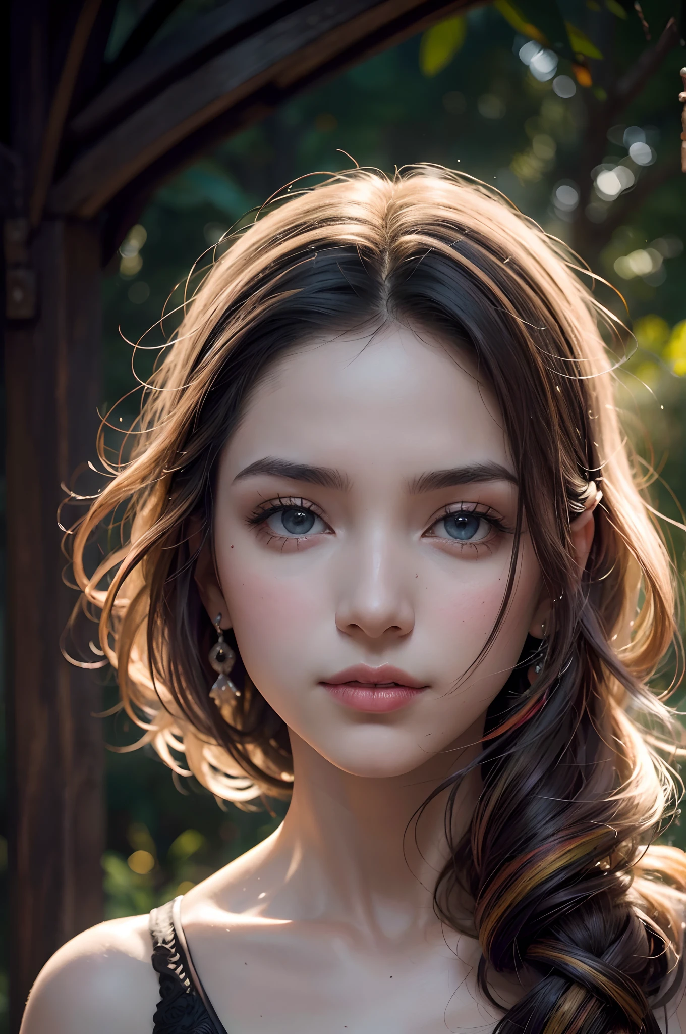 obra maestra , HDR , Ultra realismo , cinematographic image , Mujer con cabello largo y oscuro , Muy detallado , She has a mysterious expression, Mirando al espectador . She in a period dress , Mira al espectador , dulce , bashful, al mismo tiempo sexy , Sensual . El fondo presenta un bosque de hojas azules impresionistas, with a strange white light shining and a gradient shadow on the top of the woman's face. Use a backlight effect to add depth to the image. Estilo de pintura impresionista, wider show with more background and forest, (Textura natural de la piel, hiperrealismo, luz suave, sharper: 1.2), luz suave, sharper, exposure blending, Plano medio, (HDR:1.4), alto contraste, (kinematics, rosa y naranja:0.85), (Colores suaves, colores oscuros, tonos suaves:1.3), Low saturation, (hiper detallado:1.2), (So:0.4), (Detalles intrincados:1.12), HDR, (Detalles intrincados, hiperdetalhados:1.15), Desbotados, (Colores neutros:1.2), arte, (HDR:1.5), (colores apagados:1.1), (Era:0.2), hiper detallado, (Art-Station:1.4), warm lights, dramatic light, (Detalles intrincados:1.2), vignette, Antecedentes complejos y detallados , 4k