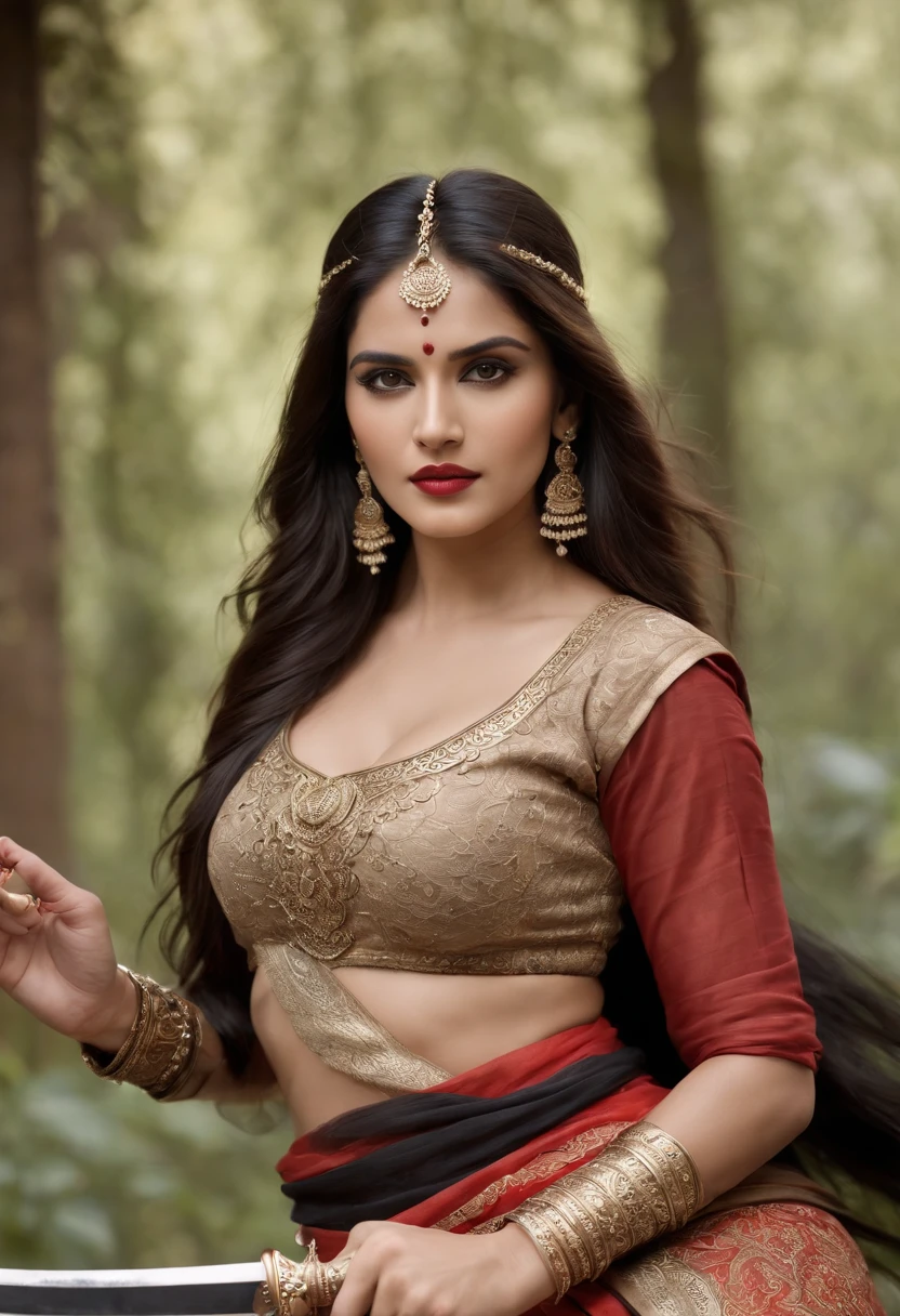 (photorealistic:1.37),indian women,sexy warrior,sword in hand,detailed eyes,detailed lips,long black hair,golden jewelry,flowing fabrics,navel,sexy top wear,vibrant colors,ornate headpiece,ornamental hilt,confident expression,graceful pose,beautiful backdrop,warrior princess