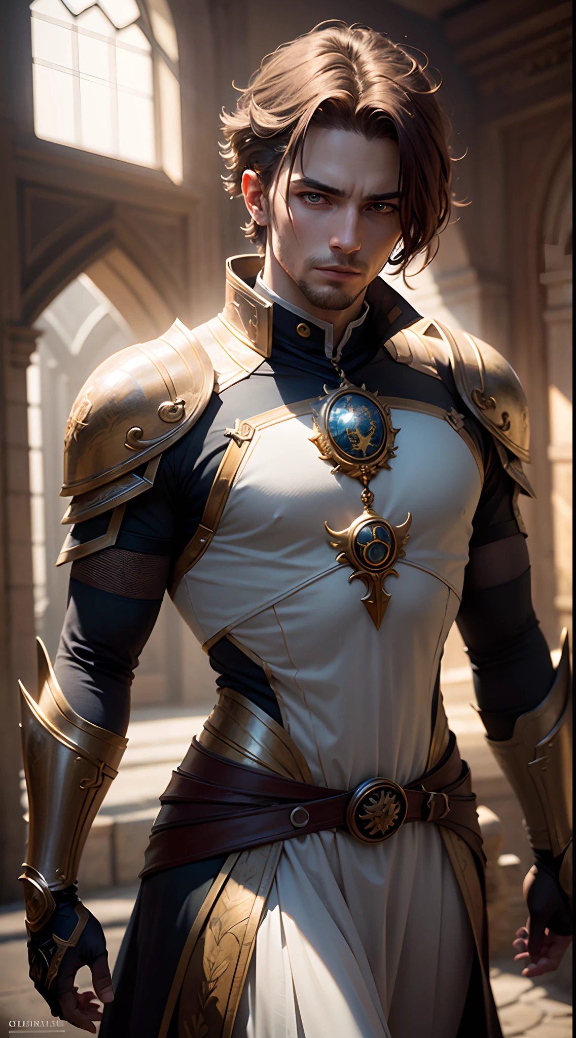 (Absurdres, Intricate Details, Masterpiece, Best Quality, High Resolution, 8k), 1 male, thin, young, aged up, masked, finely detailed eyes and face, auburn low-fade hair, amber eyes, portrait,  looking at viewer, solo, half shot, detailed background, (light fantasy theme:1.1),  focusing, mercenary,  sunshine, floating scraps,  color plate armor, divine aura, bright realistic lighting, marble castle, intense atmosphere, circlet, coat of arms,  brazier,  , Depth of Field, VFX.