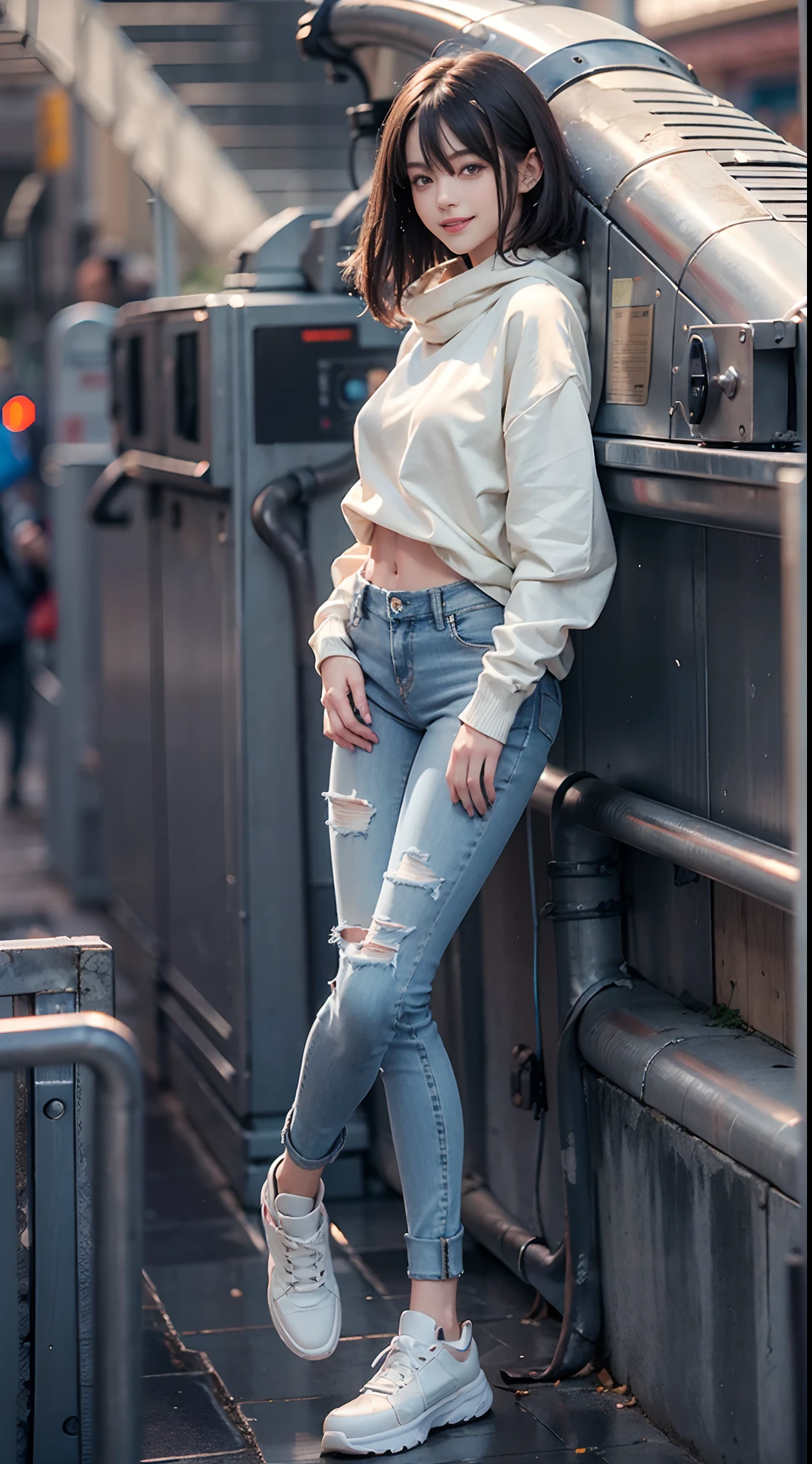 ((Skinny Long Jeans)), ((Sweatshirt)), A city scape, (NSFW), 1womanl, Solo, 24 year old, 7headed body, (cute  face), (Ideal ratio body proportions), (Composition from head to thigh), Smiling smile, erectile nipple, Sexy body, Wet, short-hair, Dark hair, small tits, A slender, Small buttocks, beauty legs, Skinny Legs, surrealism, Cinematic lighting, depth of fields, One-person viewpoint, F/1.8, 135 mm, nffsw, masutepiece, ccurate, ((Anatomically correct)), Textured skin, Super Detail, high details, High quality, awardwinning, Best Quality, hight resolution, 8K