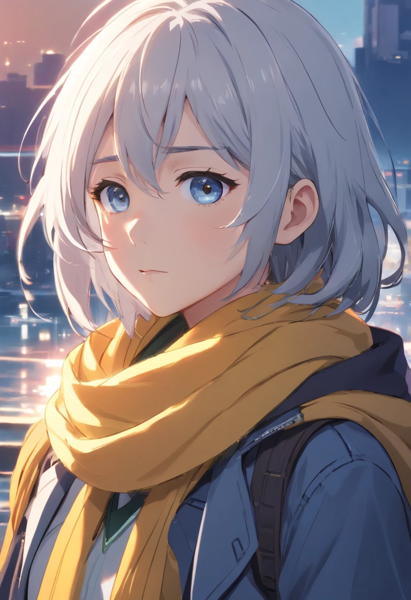 (black and white or monochrome:1.1),(high contrast),(portrait),(realistic),(teenager or adolescent),(depressive personality),(grayish or ash-gray white hair),(detailed eyes:1.1),(blue eyes),(sad expression),(yellow scarf),(desaturated or muted colors),(soft lighting),(brooding atmosphere),(subtle shadows),(pale skin),(lonely background),(introspective pose),(fine textured hair),(close-up).