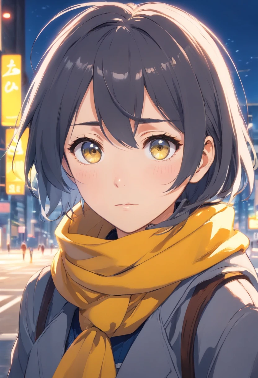 (black and white or monochrome:1.1),(high contrast),(portrait),(realistic),(ager or adolescent),(depressive personality),(grayish or ash-gray white hair),(detailed eyes:1.1),(blue eyes),(sad expression),(yellow scarf),(desaturated or muted colors),(soft lighting),(brooding atmosphere),(subtle shadows),(pale skin),(lonely background),(introspective pose),(fine textured hair),(close-up).