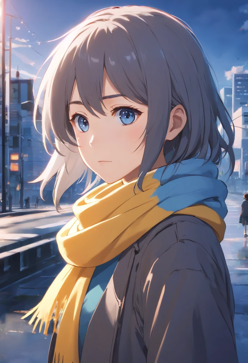 (black and white or monochrome:1.1),(high contrast),(portrait),(realistic),(teenager or adolescent),(depressive personality),(grayish or ash-gray white hair),(detailed eyes:1.1),(blue eyes),(sad expression),(yellow scarf),(desaturated or muted colors),(soft lighting),(brooding atmosphere),(subtle shadows),(pale skin),(lonely background),(introspective pose),(fine textured hair),(close-up).