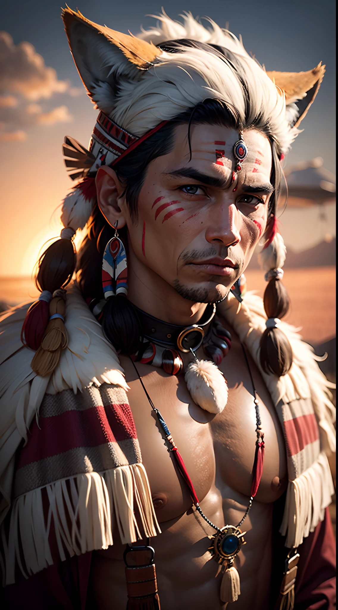 an American Indian with wolf's skin on his head