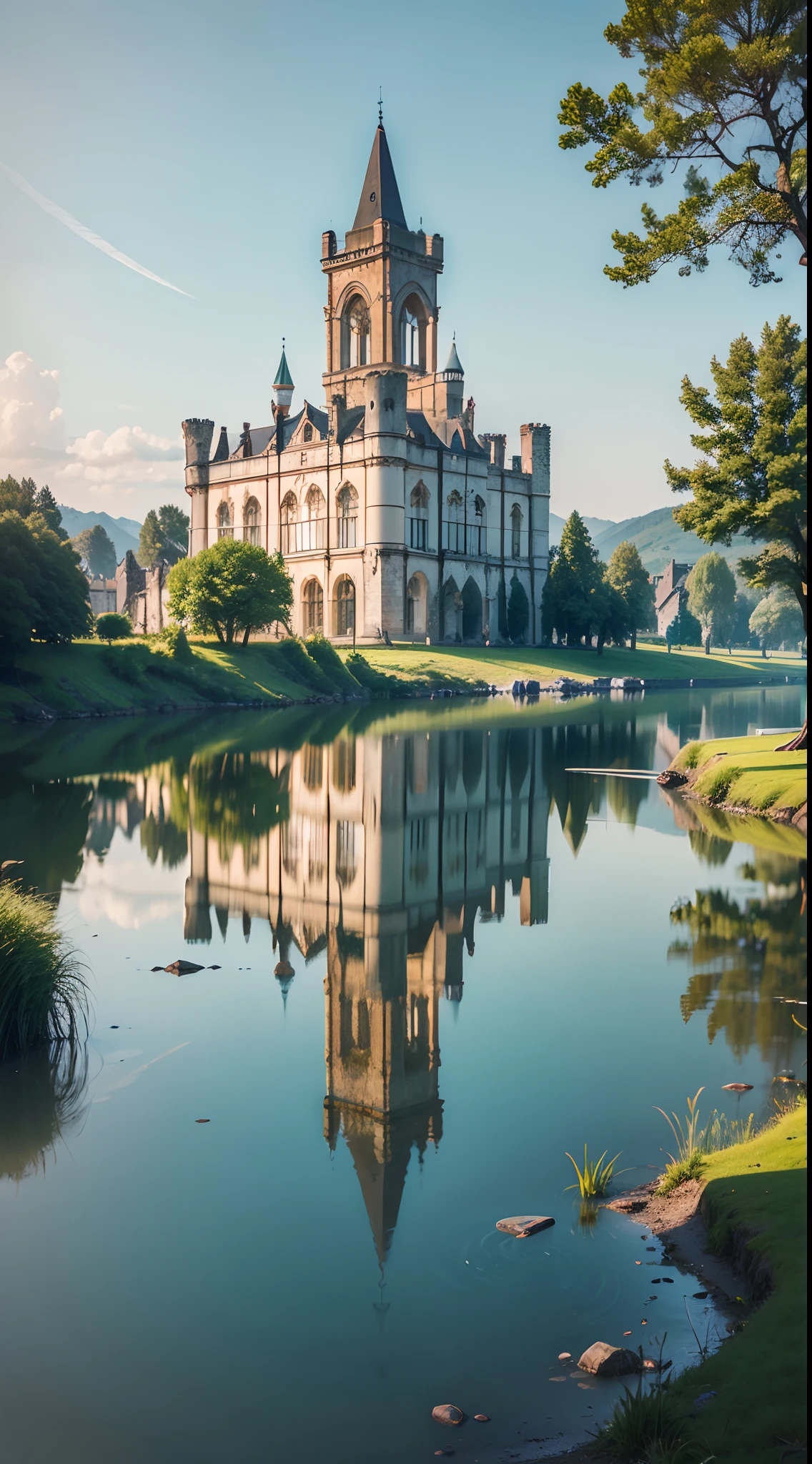 ruined castle facing a lake, where its reflection hits the water and reflects on this in its glory days