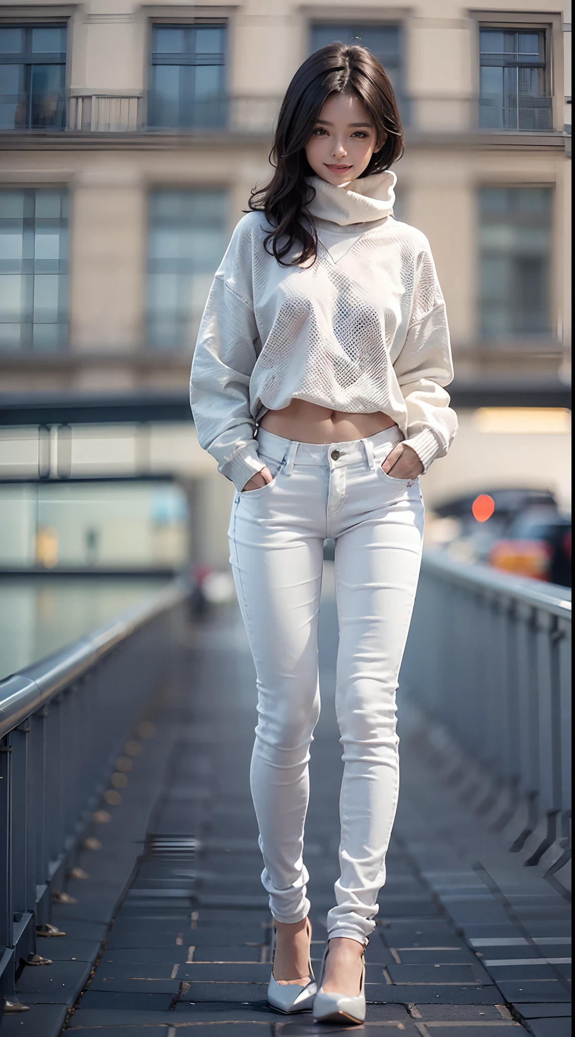 ((White skinny long jeans)), ((Sweatshirt)), A city scape, (NSFW), 1womanl, Solo, 24 year old, 7headed body, (cute face), (Ideal ratio body proportions), (Composition from head to thigh), Smiling smile, erectile nipple, Sexy body, Wet, short-hair, Dark hair, small tits, A slender, Small buttocks, beauty legs, Skinny Legs, surrealism, Cinematic lighting, depth of fields, One-person viewpoint, F/1.8, 135 mm, nffsw, masutepiece, ccurate, ((Anatomically correct)), Textured skin, Super Detail, high details, High quality, awardwinning, Best Quality, hight resolution, 8K