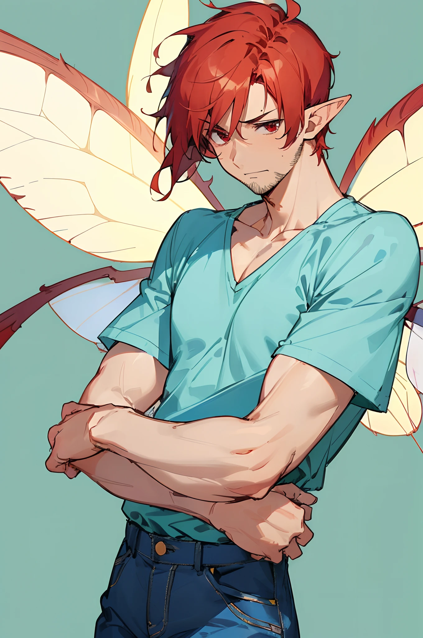 (masterpiece, best quality) detailed, 1Character , blue archive art style , wearing yellow shirt , blue jeans , v-Neck shirt , , Handsome man , tall, lean ,((muscular body1:1)) , ((has facial stubble:1.1)) , red hair , ((very short hair:1.3)) , red eyes , ((has fairy wings:1.3)), masculine , red eyes, elf ears ,((male:1.2)),((two wings:1)) , age 32, pastel washed out colors , cell shade ,