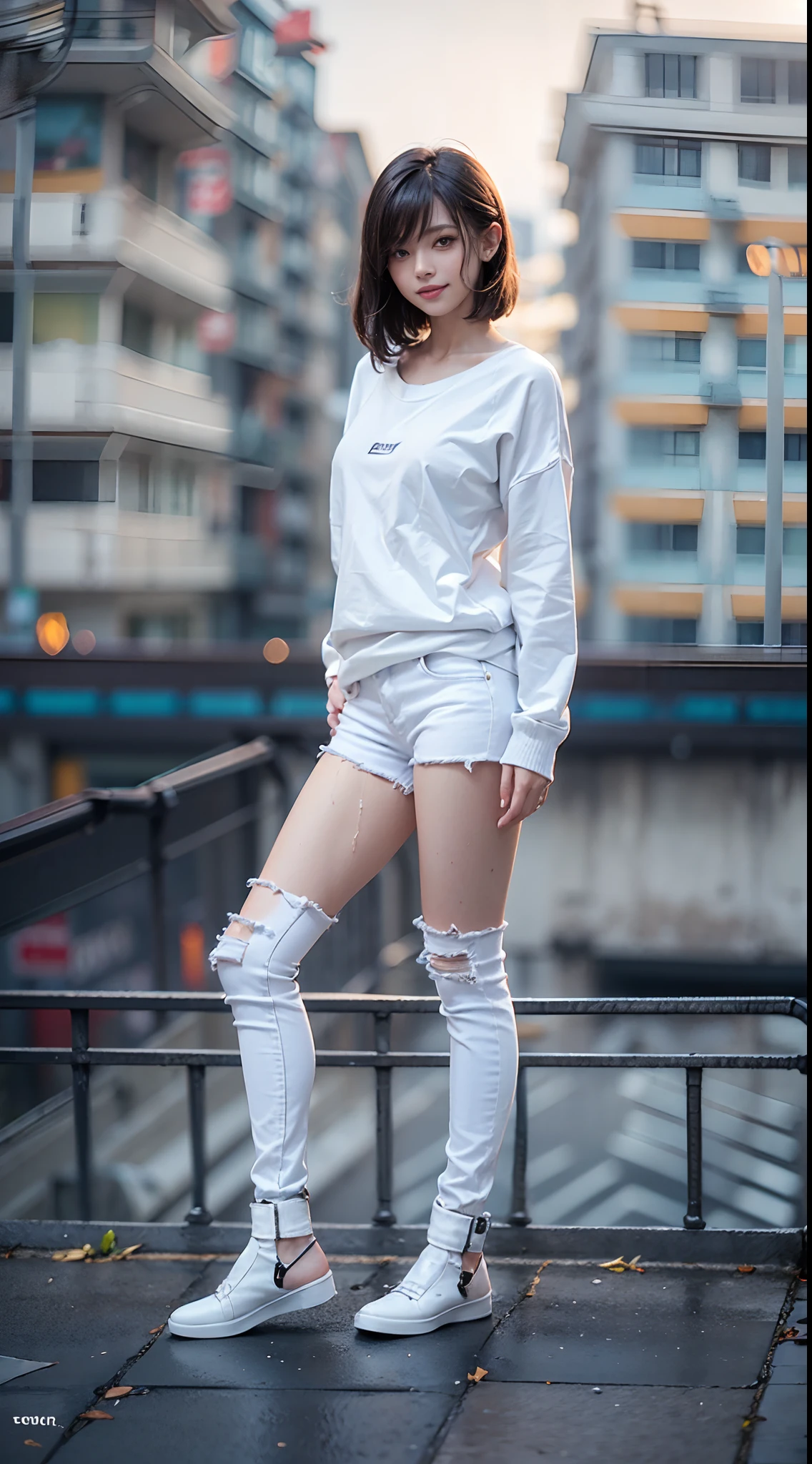 ((White skinny long jeans)), ((Sweatshirt)), A city scape, (NSFW), 1womanl, Solo, 24 year old, 7headed body, (cute face), (Ideal ratio body proportions), (Composition from head to thigh), Smiling smile, erectile nipple, Sexy body, Wet, short-hair, Dark hair, small tits, A slender, Small buttocks, beauty legs, Skinny Legs, surrealism, Cinematic lighting, depth of fields, One-person viewpoint, F/1.8, 135 mm, nffsw, masutepiece, ccurate, ((Anatomically correct)), Textured skin, Super Detail, high details, High quality, awardwinning, Best Quality, hight resolution, 8K