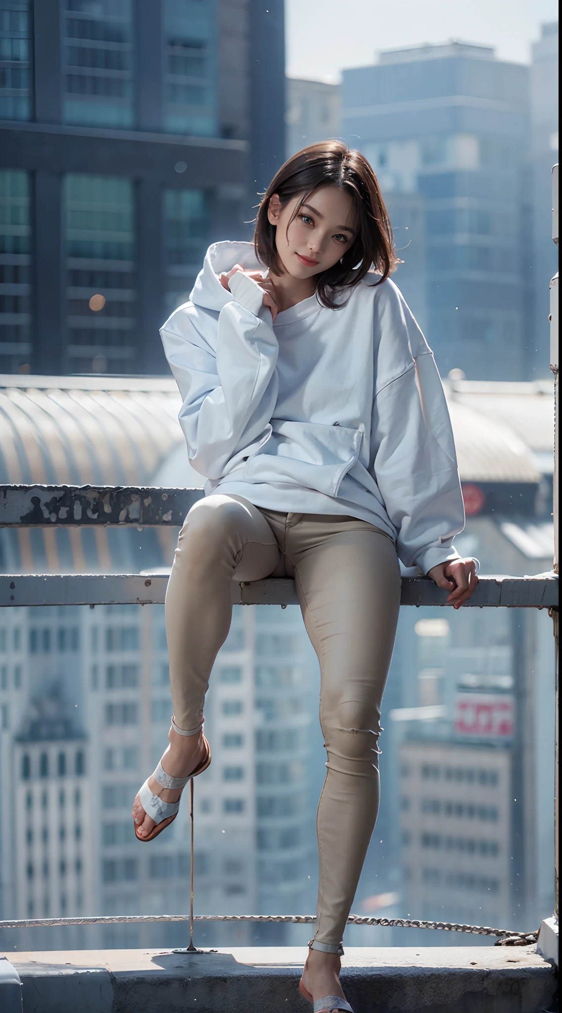 ((White skinny long jeans)), ((Sweatshirt)), A city scape, (????), 1womanl, Solo, 24 year old, 7headed body, (cute  face), (Ideal ratio body proportions), (Composition from head to thigh), Smiling smile, erectile ??????, ???? body, Wet, short-hair, Dark hair, small ????, A slender, Small ????????, beauty legs, Skinny Legs, surrealism, Cinematic lighting, depth of fields, One-person viewpoint, F/1.8, 135 mm, nffsw, masutepiece, ccurate, ((Anatomically correct)), Textured skin, Super Detail, high details, High quality, awardwinning, Best Quality, hight resolution, 8K