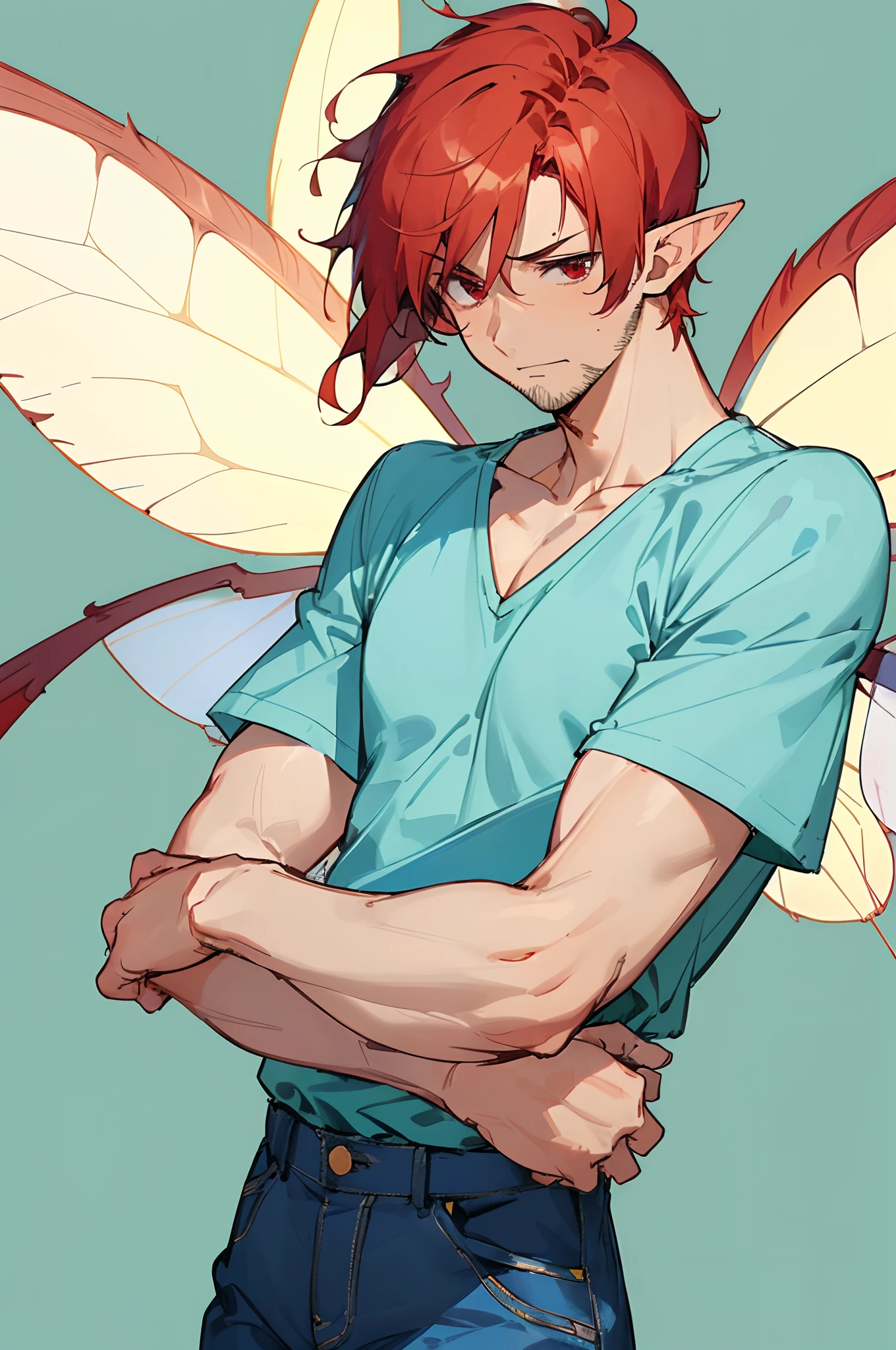 (masterpiece, best quality) detailed, 1Character , blue archive art style , wearing yellow shirt , blue jeans , v-Neck shirt , , Handsome man , tall, lean ,((muscular body1:1)) , ((has facial stubble:1.1)) , red hair , ((very short hair:1.3)) , red eyes , ((has fairy wings:1.3)), masculine , red eyes, elf ears ,((male:1.2)),((two wings:1)) , age 32, pastel washed out colors , cell shade ,