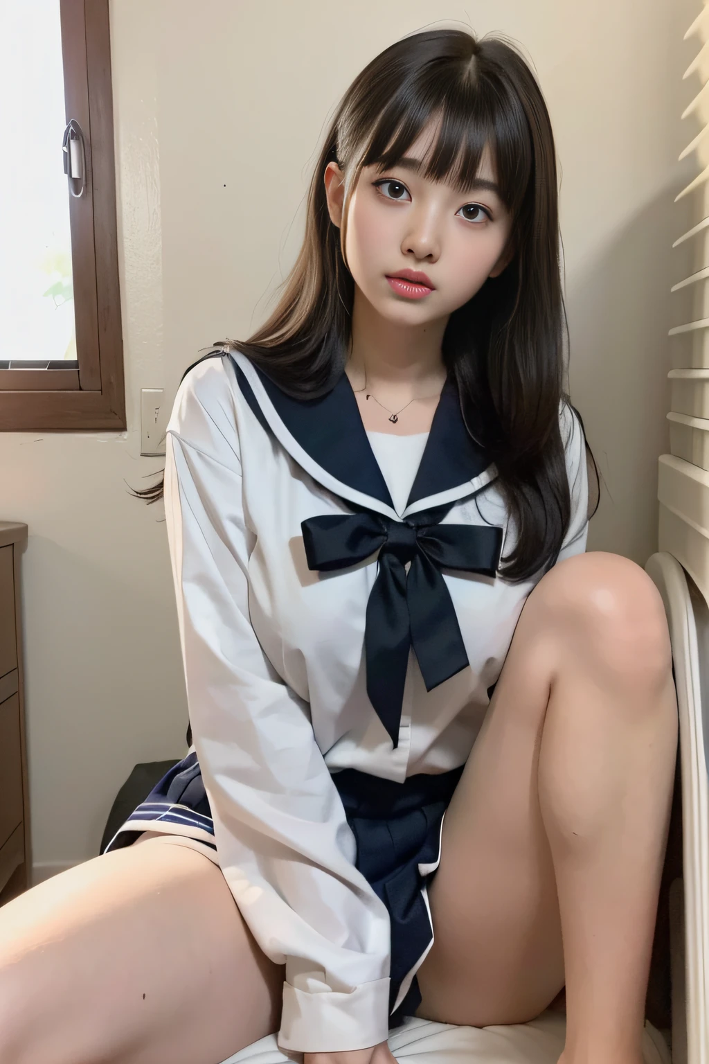 Photo Real、photoRealstic A dark-haired、straight haired、poneyTail、Blunt bangs drooing eyes、Black eyes、Plump cheeks、The contours of the face are round 、hi-school girl、Suppin、a sailor suit、bow ribbon、Drenched in sweat large full breasts、Short stature、vaginal、Female genitals、、 Boldly open legs、Normal bit、insertion、Vaginal insertion、SEX、ssex、have sex、Sperm、large amount of sperm、Sperm soaked、Intense Sex、Insert vigorously、cum shots Background with、countryside