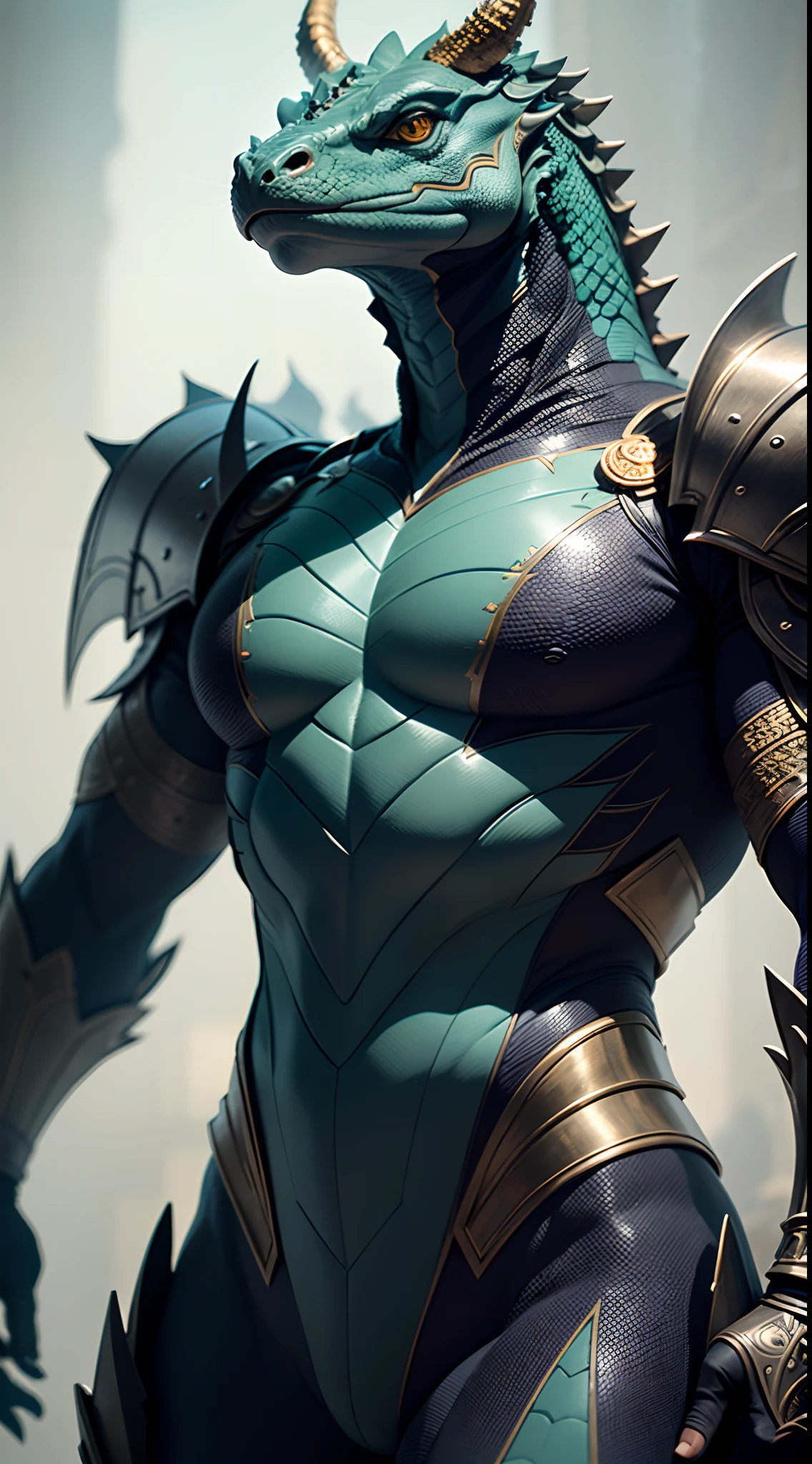 fking_scifi anthropomorphic Komodo Dragon King. Show the whole body. The skin color is blue-green. The presence of horns on the head. Armor with intricate details. Rich in scale texture. Professional studio shots. Ultra-realistic, intricate details