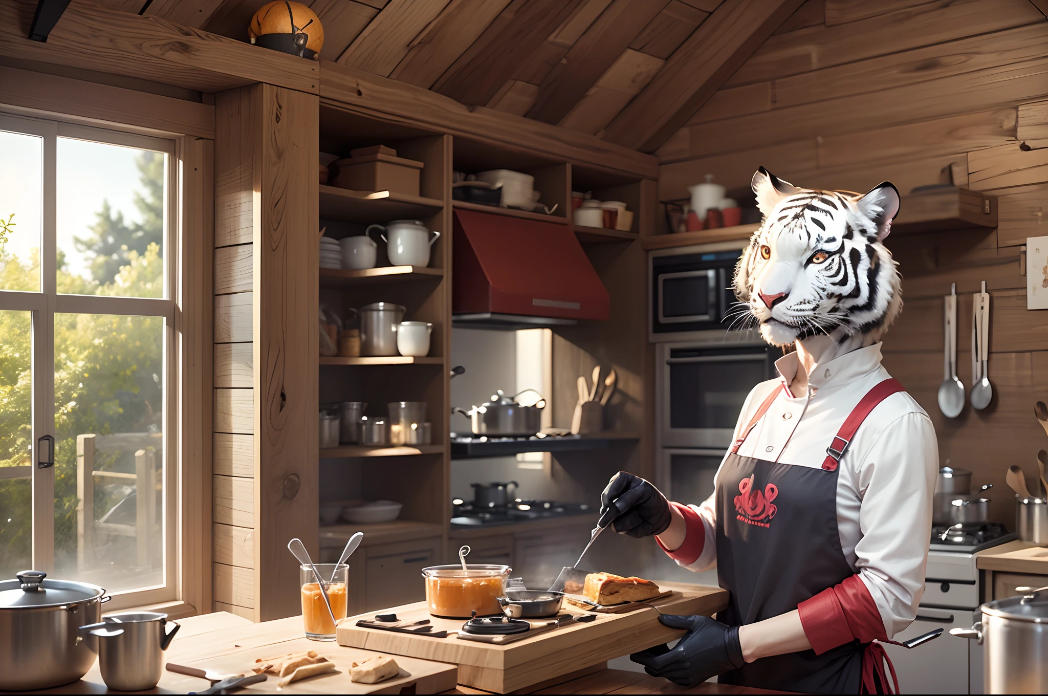 an anime character, a white tiger with a red apron and black boots, cooking an American breakfast in a woden cabin, Pixar style, 3d --auto --s2
