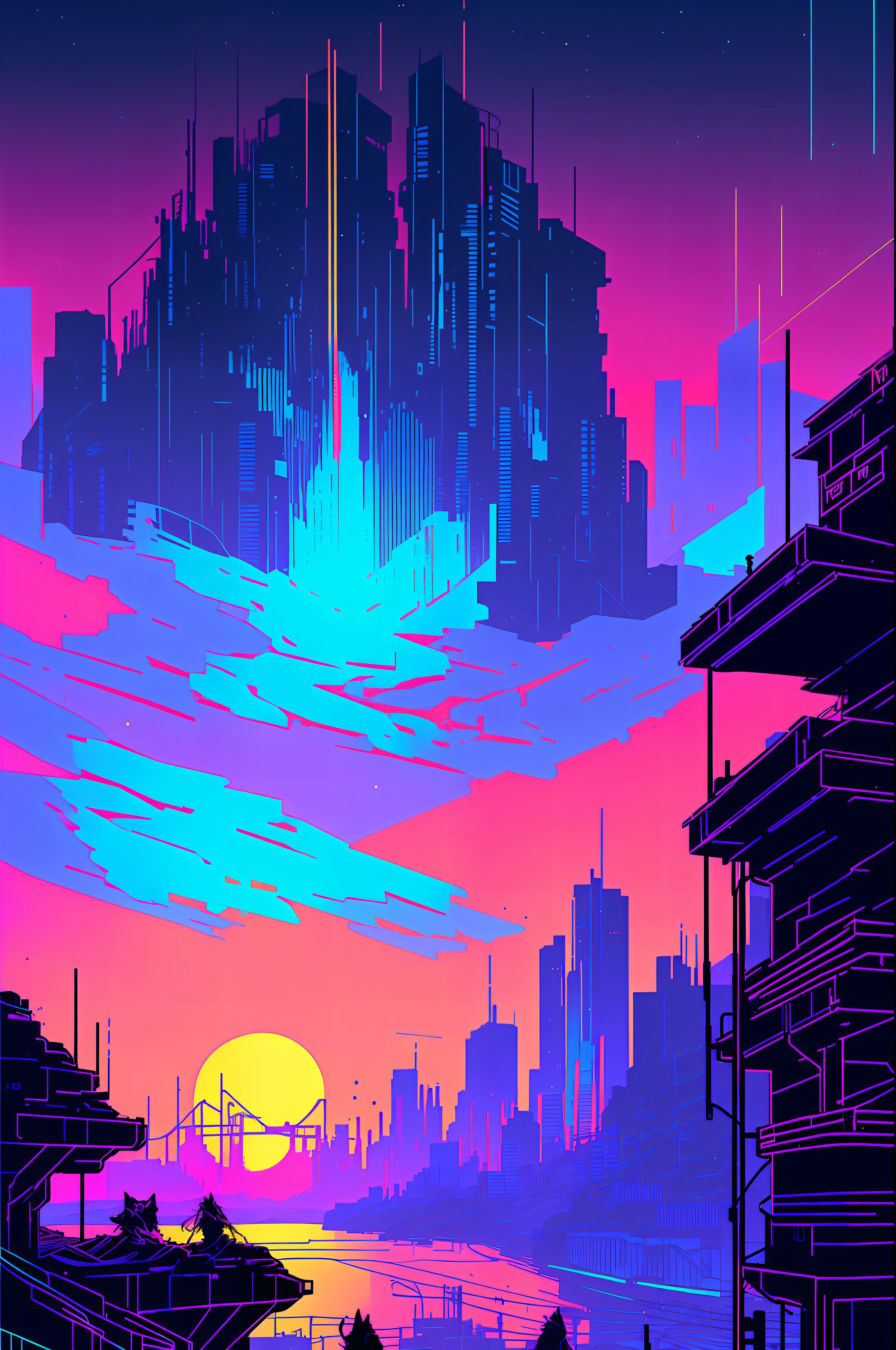 (nvinkpunk:1.2) (snthwve style:0.8) wolf, anthro, lightwave, sunset, intricate, highly detailed