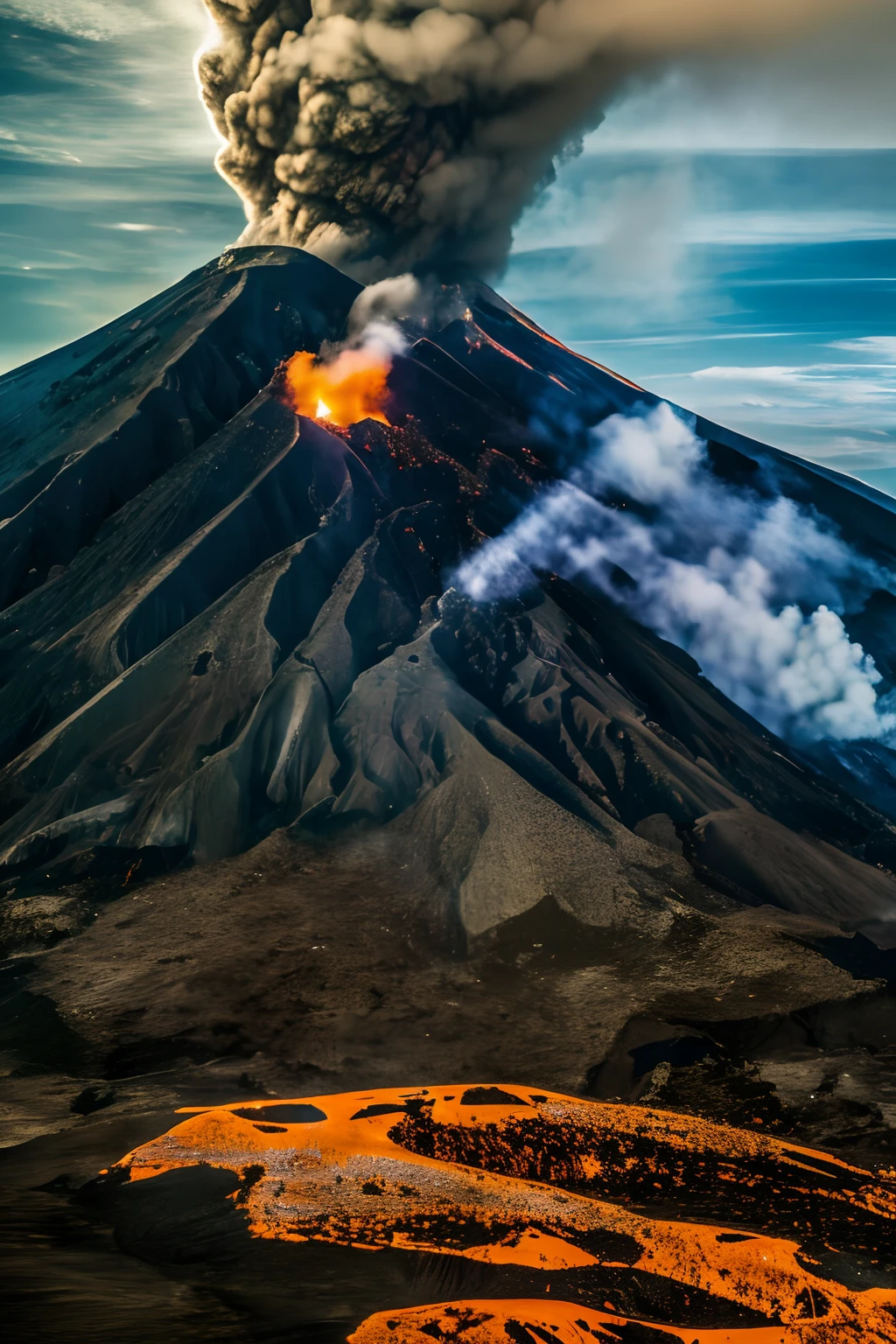 a volcano erupts lapilli and smoke. Lava descends on the slopes of the volcano and submerges houses