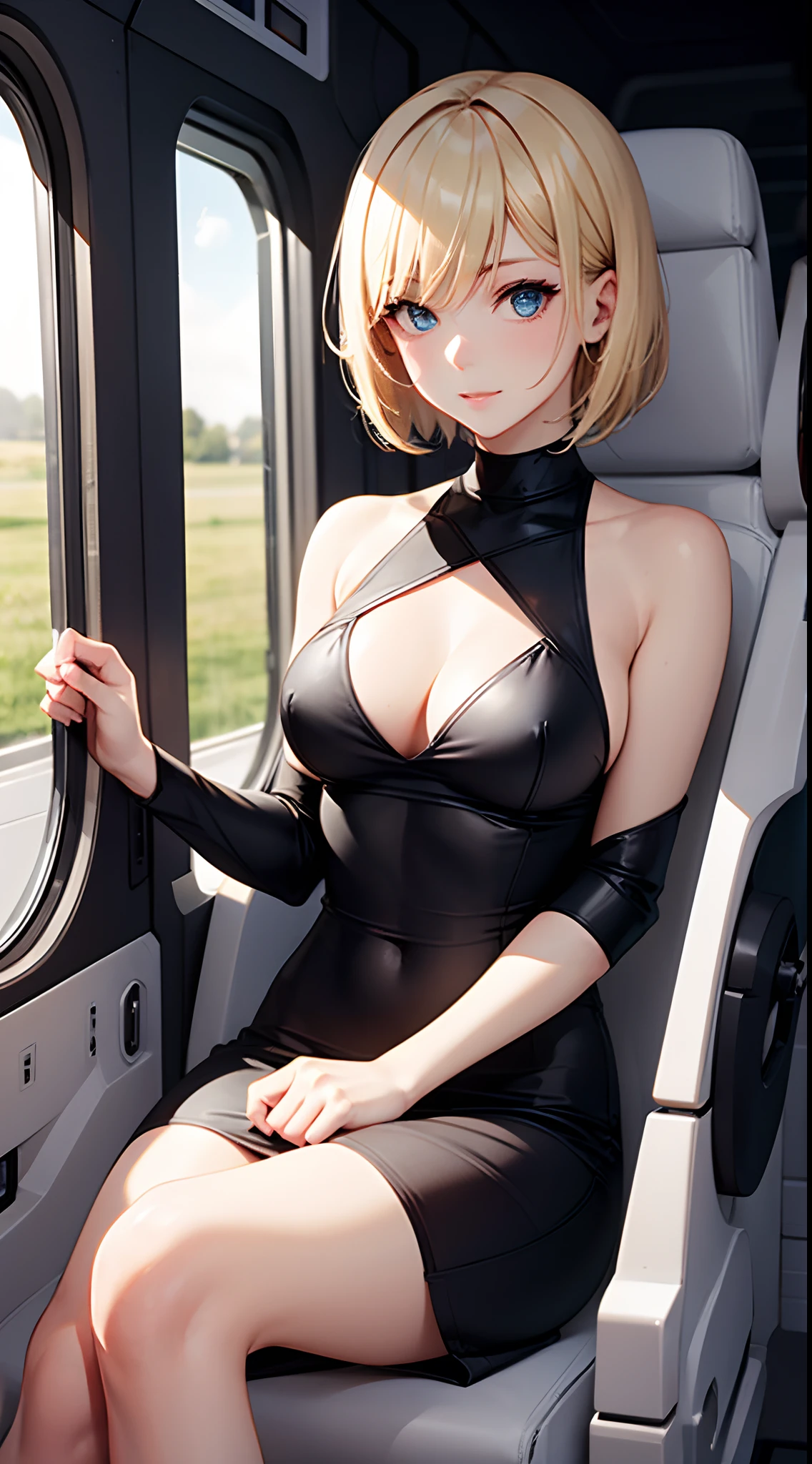 A blond young sexy woman with short hair and hot clothes sits on a seat in a spaceship and the window can show beautiful staras