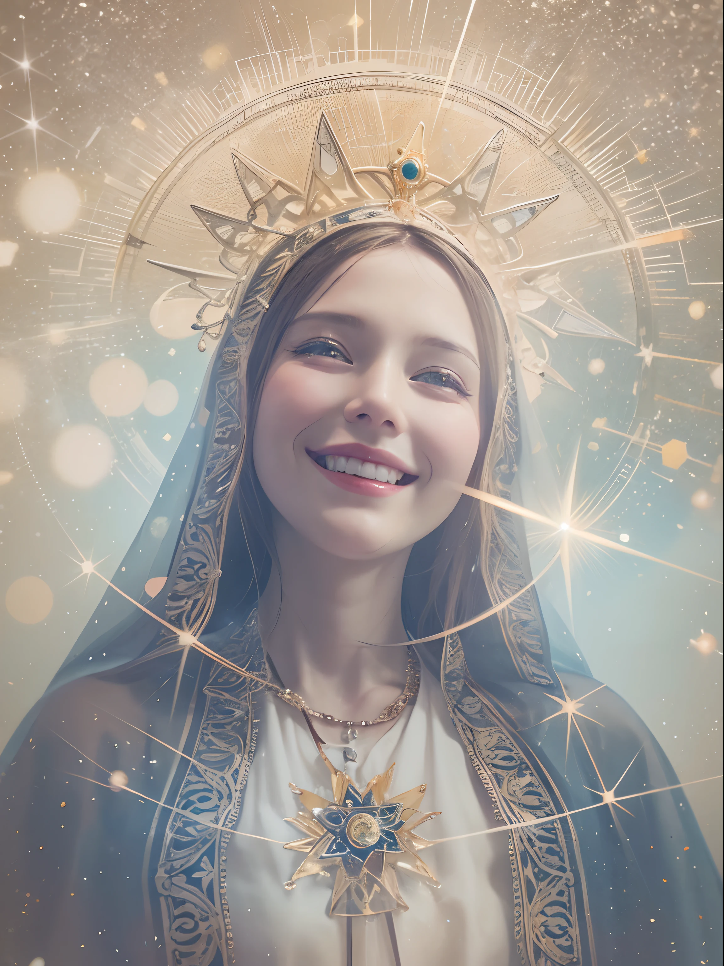 Create a double exposure of smiling holy virgin mary portrait looking to the camera, Halo effect on head, with the galaxy and stars . By Christoffer Relander