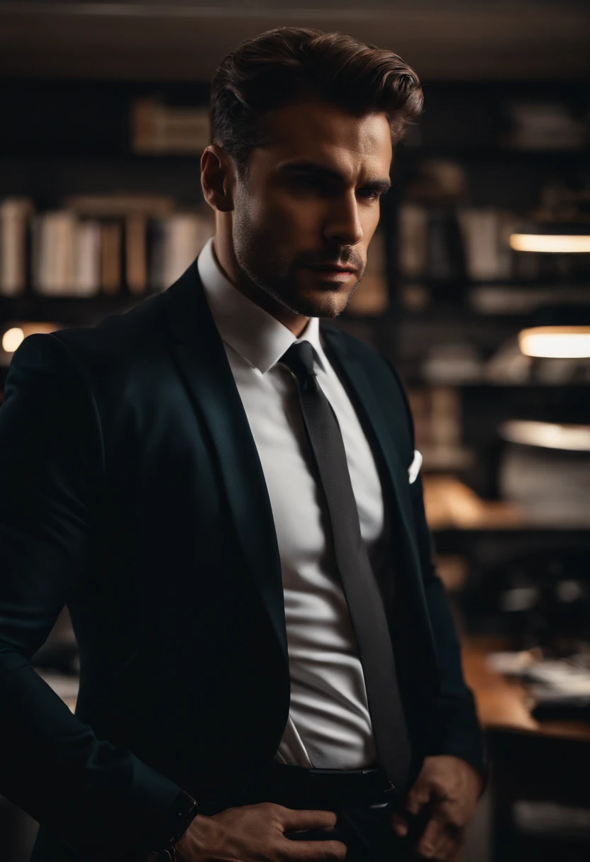 fotografia 4K , a male male man standing in his office flexing in his black suit