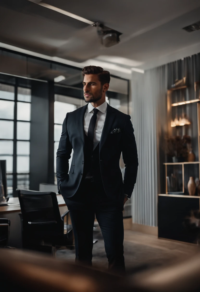 fotografia 4K , a male male man standing in his office flexing in his black suit