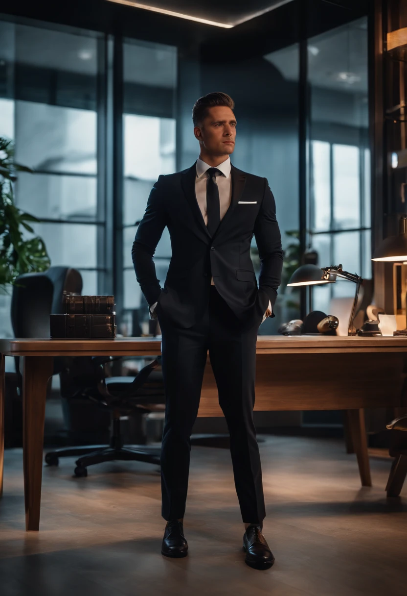fotografia 4K , a male male man standing in his office flexing in his black suit