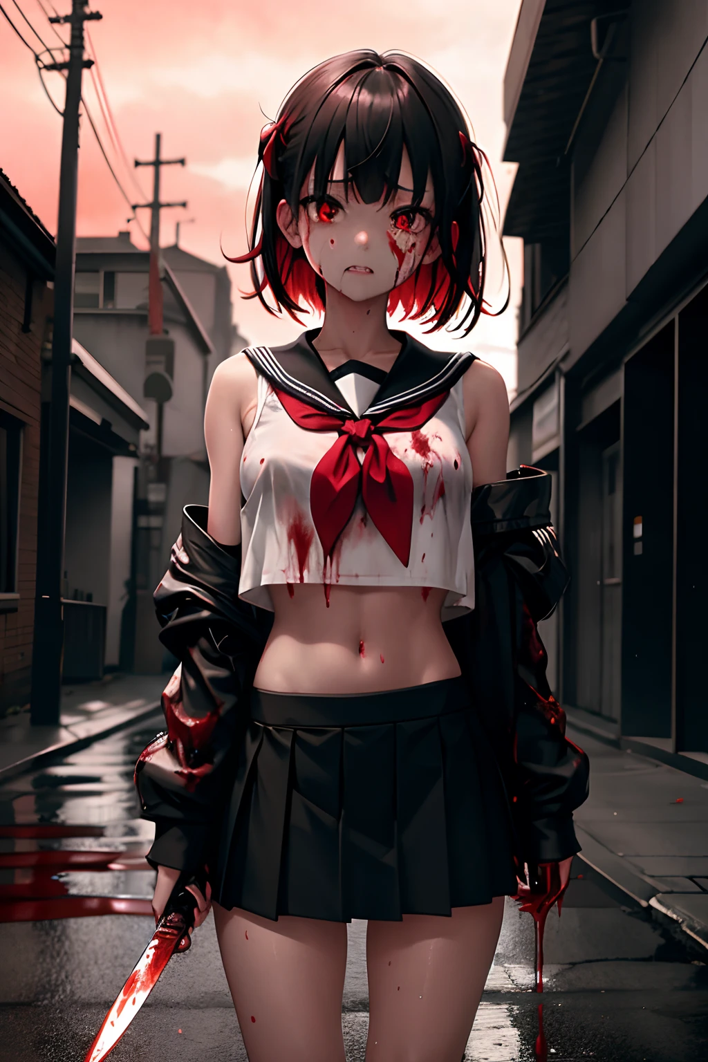 masterpiece, best quality, looking at viewer, facing viewer, bare legs, 1 woman, solo, upper body, bow, serafuku, disgusted face, night time, heavy rain, outdoors, city, crop top, navel, wet clothes, drenched, overly long sleeves, hands in sleeves, blood tears, blood marks, dark alleyway, blood splattered on the ground, red bright light, glowing eyes, depth of field,holding a knife,red sky, atmofer,perfect hands
