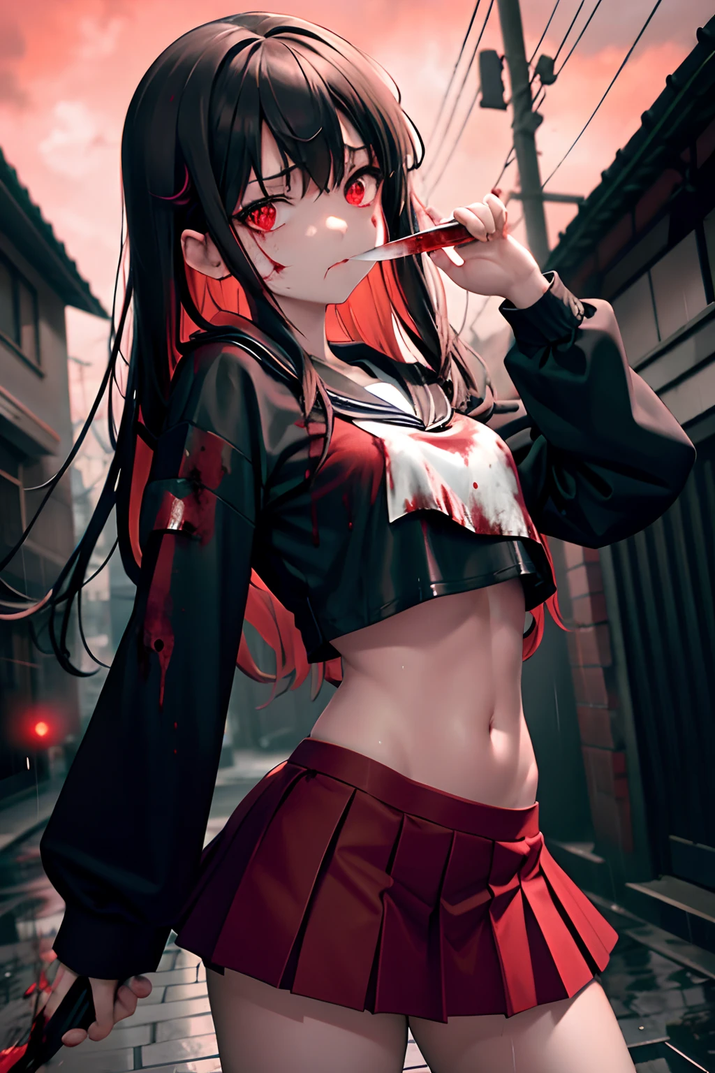 masterpiece, best quality, looking at viewer, facing viewer, bare legs, 1 woman, solo, upper body, bow, serafuku, disgusted face, night time, heavy rain, outdoors, city, crop top, navel, wet clothes, drenched, overly long sleeves, hands in sleeves, blood tears, blood marks, dark alleyway, blood splattered on the ground, red bright light, glowing eyes, depth of field,holding a knife,red sky, atmofer,perfect hands
