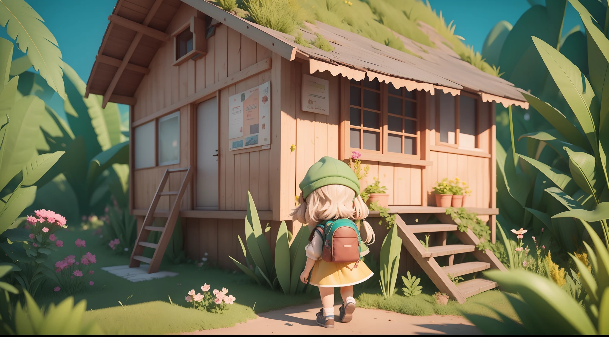 There is a poster with a cartoon character in a hat and backpack, female explorer mini cute girl, walking in the wilderness, flower jungle, animation style rendering, cute 3 D rendering, small characters. Unreal Engine 5, stylized anime, cute detailed digital art, Atey Ghailan 8 K, stylized 3D rendering, adventure surreal rendering, anime style 3D, 3D rendering stylized