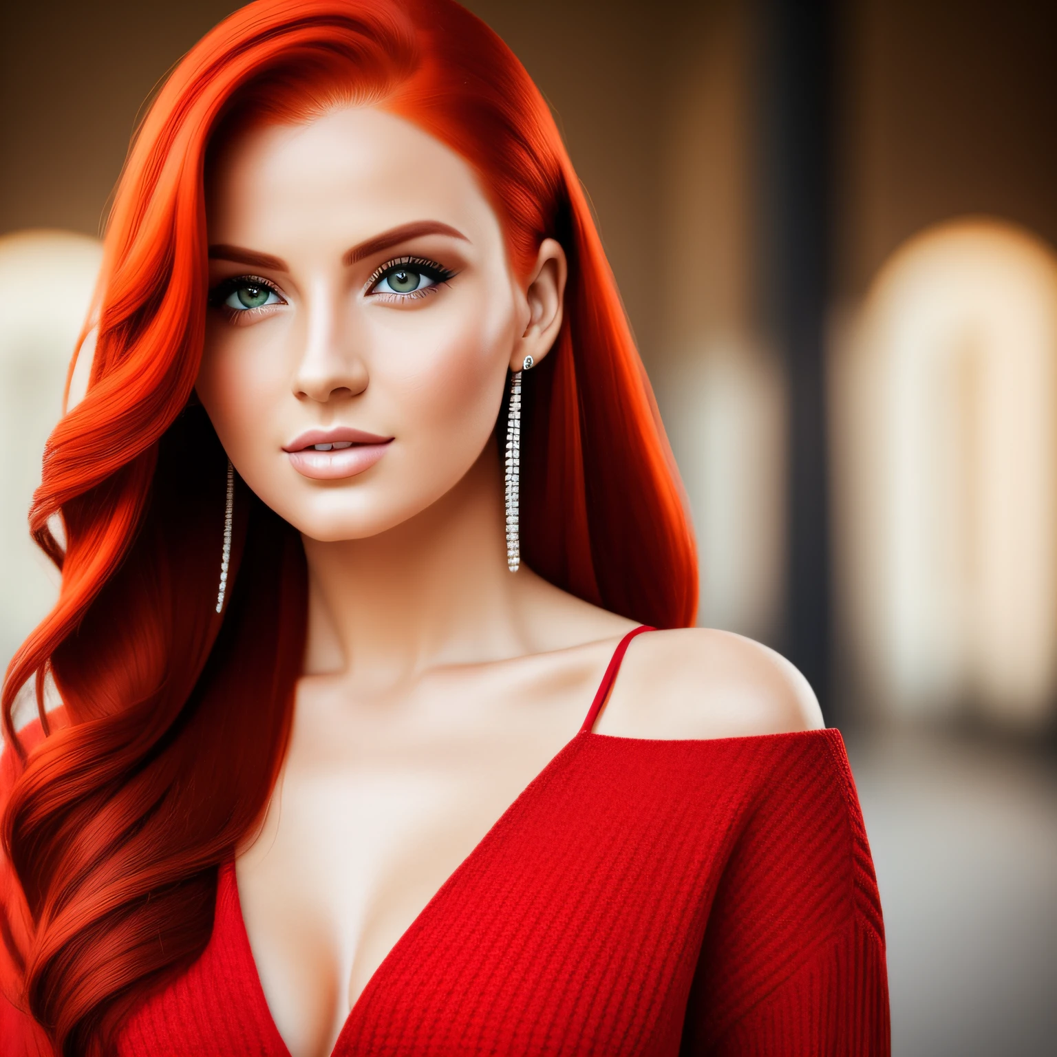 A beautiful woman with red hair, with a fashionable outfit, she is staring, seductive look, perfect photo, pergeto face, 8K, ultra detailed
