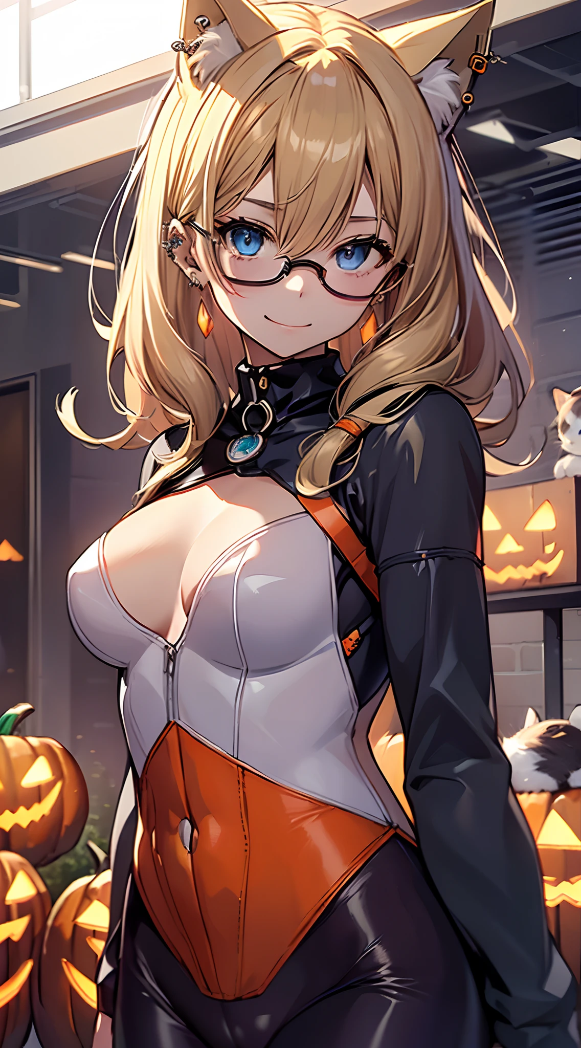 top-quality、Top image quality、in 8K,4K,masterpiece、(NSFW:1.2)、ultra-detailliert、Beautiful、ultra-quality、cute little、Style like a model、girl with(((18year old、cat ear、Halloween Costumes:1.3、zero suit、Bust 92、a blond、Straight hair around the shoulders、Blue eyes、eye glass、Happiness、Ear-piercing)))、hiquality、visualart、Background with((Halloween:1.2))、masutepiece、bustup