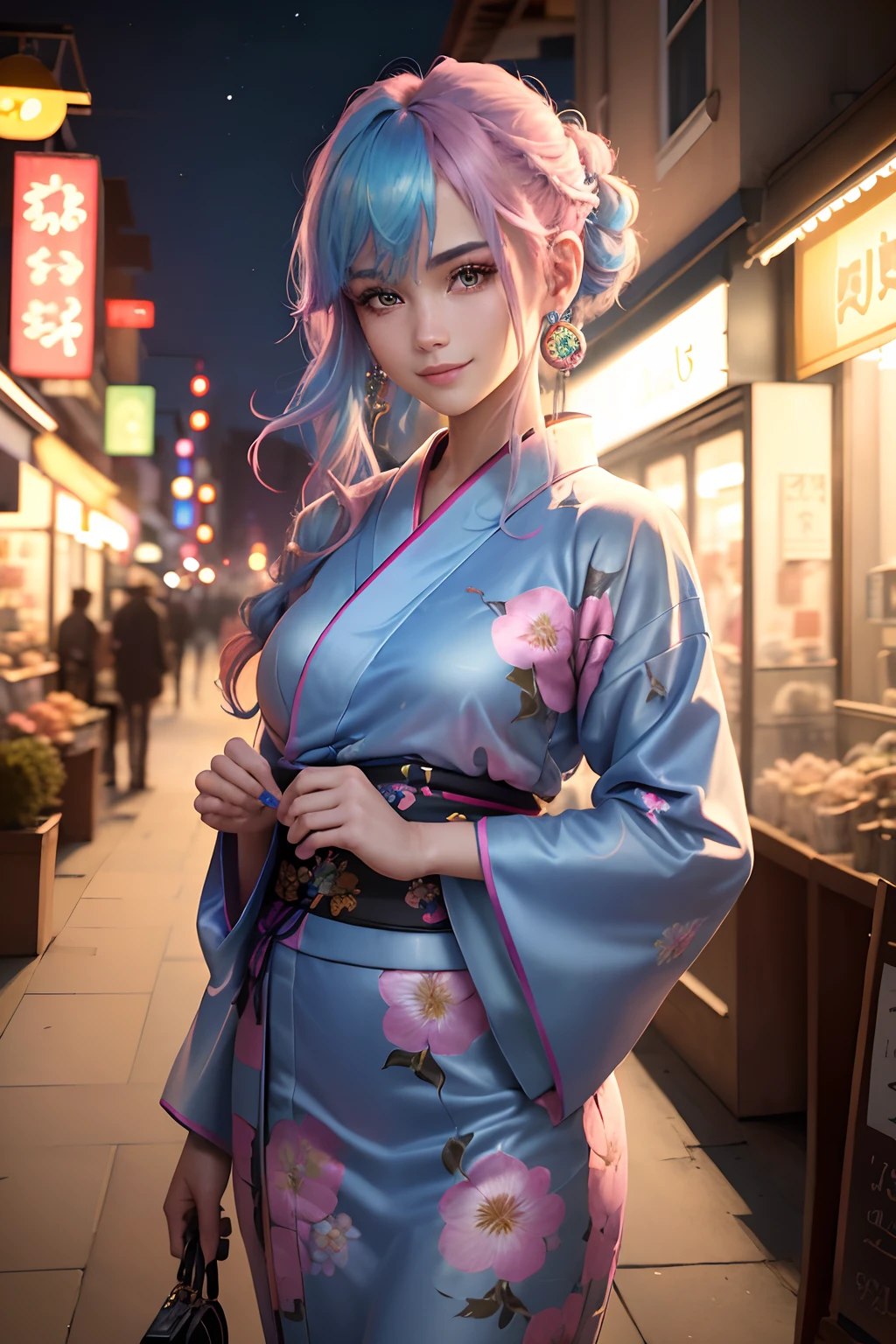(masterpiece), (((highest quality)), (super detailed), 1 woman, (iridescent hair, colorful hair, half blue and half pink hair: 1.2), 23 years old, (yukata: 1.2), outdoor, bangs, smile, sky blue eyes, perfect hands, perfect hands, hand details, corrected fingers. Earrings, Night Store + Background, looking_at_viewer, Cowboy Shot, Top Quality, Rich Detail, Perfect Image Quality,