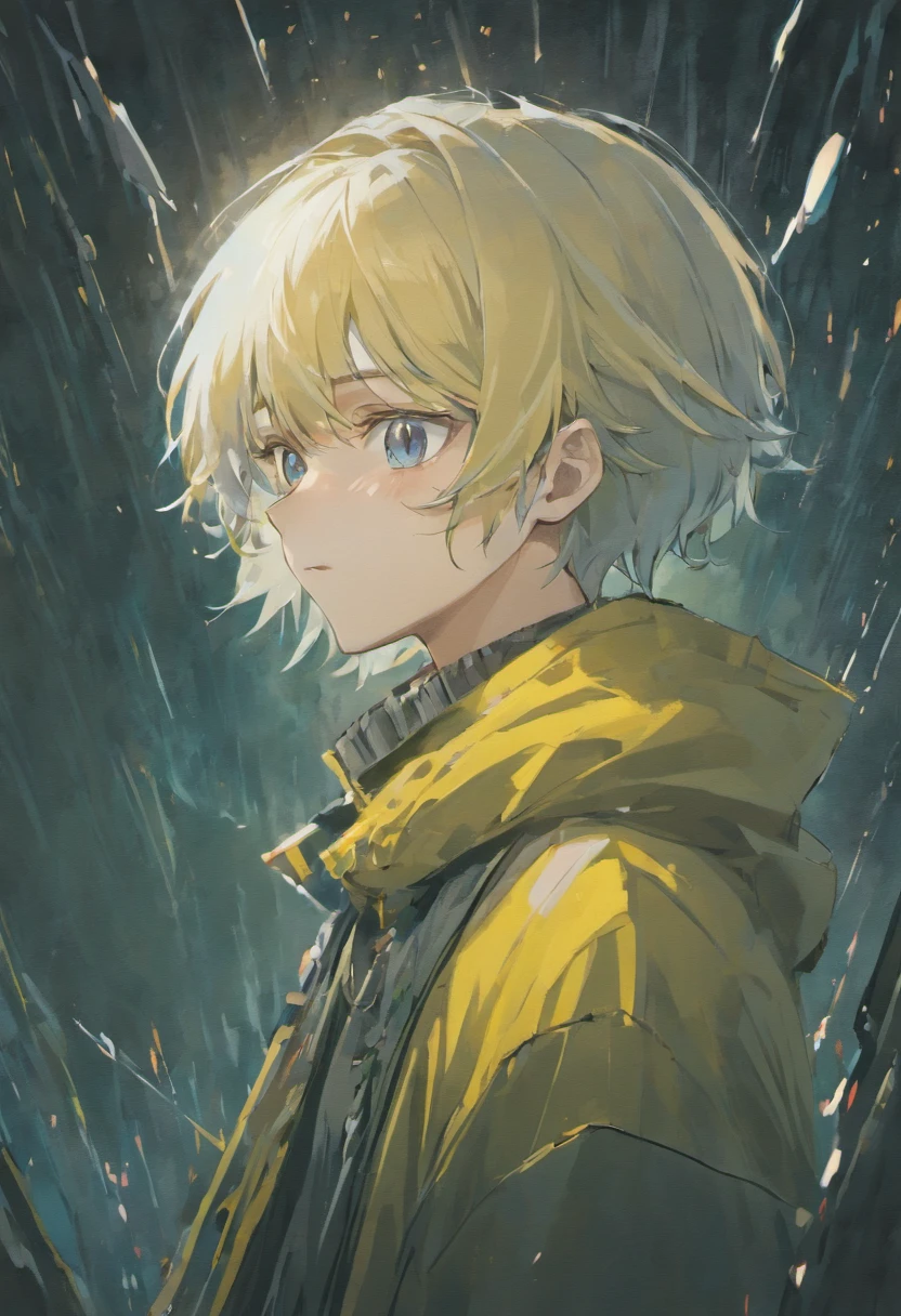 A male character, to 19 years olwith silver-white hair. He is wearing a yellow scarf and has blue eyes. He has a depressed expression. (best quality,4k,8k,highres,masterpiece:1.2),ultra-detailed,(realistic,photorealistic,photo-realistic:1.37), portraits,vivid colors, studio lighting, sharp focus, melancholic vibes, textured brushstrokes, gloomy atmosphere, surrealistic backdrop, rainy weather, reflective gaze, intricate details, youthful appearance.