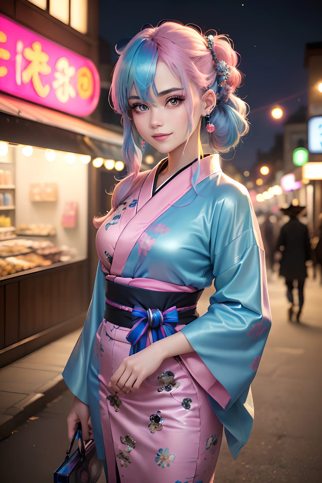 (masterpiece), (((highest quality)), (super detailed), 1 woman, (iridescent hair, colorful hair, half blue and half pink hair: 1.2), 23 years old, (yukata: 1.2), outdoor, bangs, smile, sky blue eyes, perfect hands, perfect hands, hand details, corrected fingers. Earrings, Night Store + Background, looking_at_viewer, Cowboy Shot, Top Quality, Rich Detail, Perfect Image Quality,