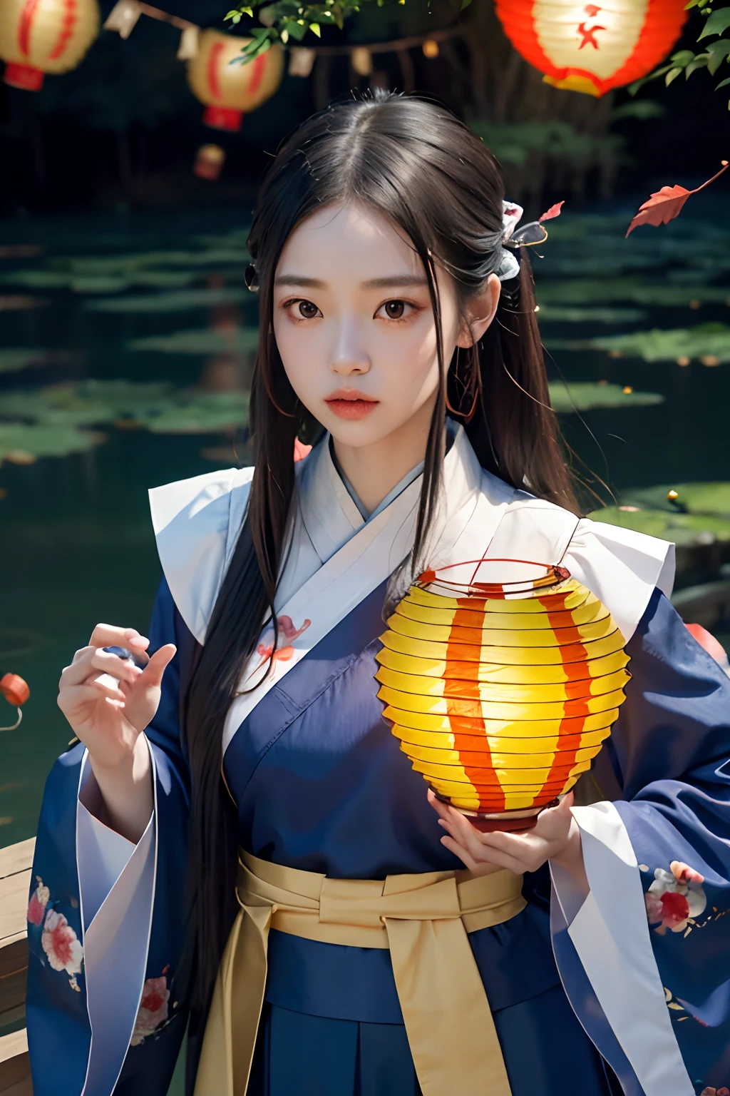 official art, unity 8k wallpaper, ultra detailed, beautiful and aesthetic, masterpiece, best quality, (Fire, water, ribbon, paper cutting), (fractal art:1.3) 1girl,building, (solo:1.5), chinese_clothes, sky, outdoors, wide_sleeves, black_hair, sunset, (falling_leaves:1.2), antern, (paper_lantern:1.5),blue sky, (outdoors:1.5),hanfu, (rainbow-candy:0.8), (style-swirlmagic:0.8),
