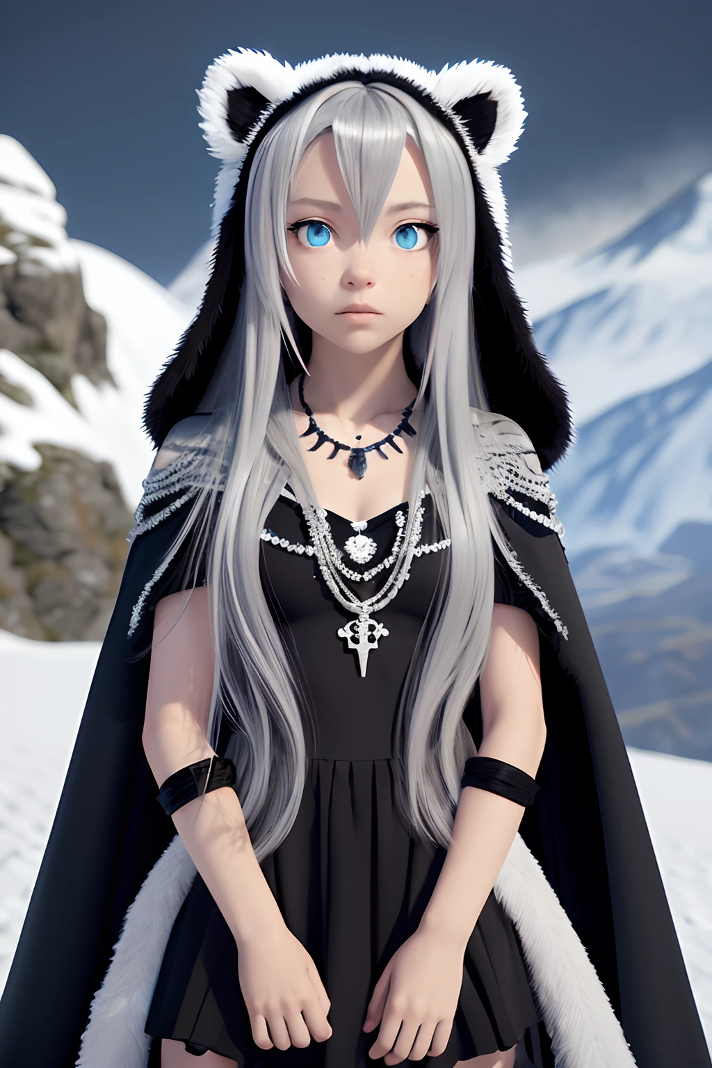 (masterpiece, best quality:1.2),1girl, upper body,tail, large tail, white hair, very long hair, wavy hair, grey eyes, detailed eyes, multicolored hair, circlet, bead necklace, animal ears, leopard ears, black cape, white dress, hip vent, pelvic curtain, grey thighhighs, snowy, snowy mountains, blizzard, volumetric lighting, subsurface scattering, cinematic lighting, chiaroscuro, floating hair, hand on own chest