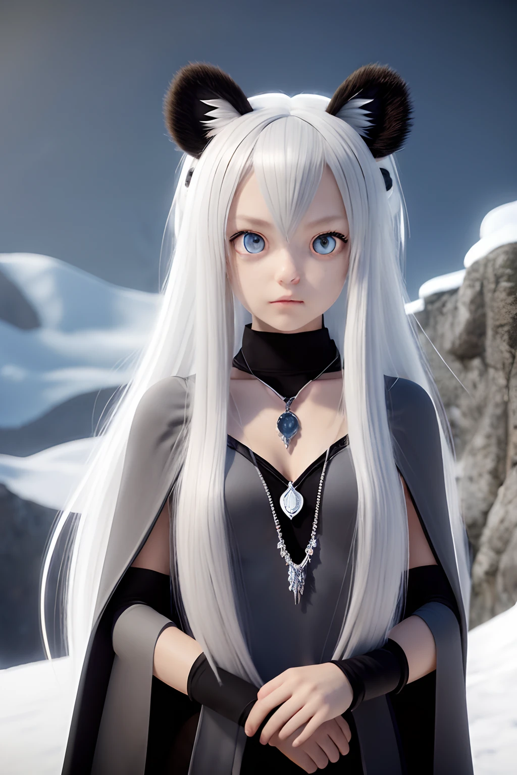 (masterpiece, best quality:1.2),1girl, upper body,tail, large tail, white hair, very long hair, wavy hair, grey eyes, detailed eyes, multicolored hair, circlet, bead necklace, animal ears, leopard ears, black cape, white dress, hip vent, pelvic curtain, grey thighhighs, snowy, snowy mountains, blizzard, volumetric lighting, subsurface scattering, cinematic lighting, chiaroscuro, floating hair, hand on own chest