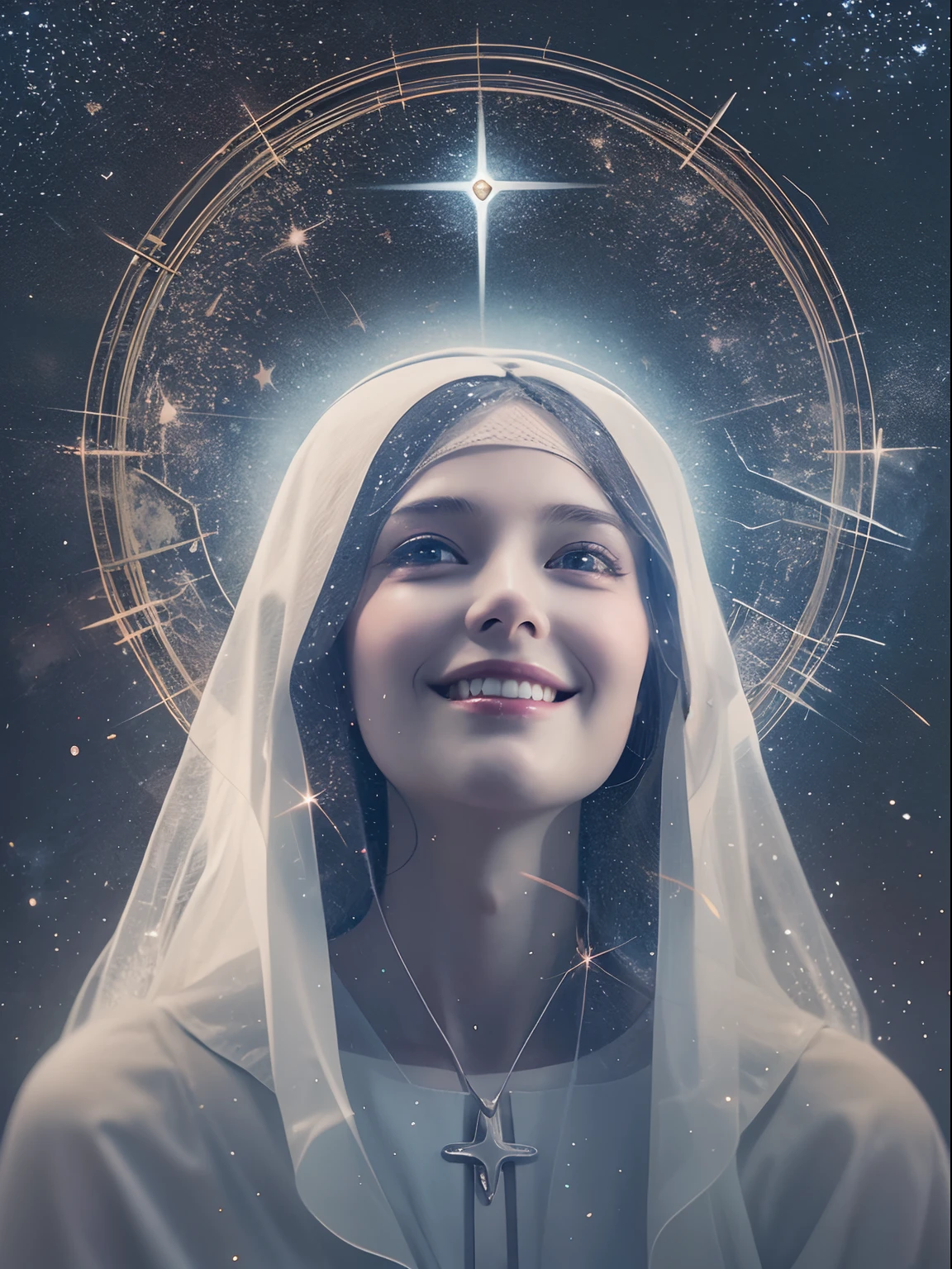 Create a double exposure of smiling holy virgin mary portrait looking to the camera, Halo effect on head, with the galaxy and stars . By Christoffer Relander