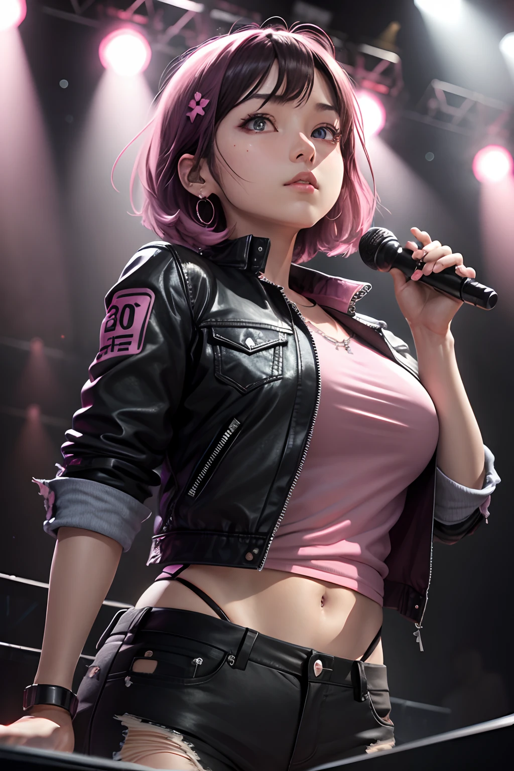 masterpiece, best quality, 1woman, 30's, upperbody, jirou, detailed eyes, pink shirt, black jacket, torn clothes, concert, (stage), camera view from lower front looking up