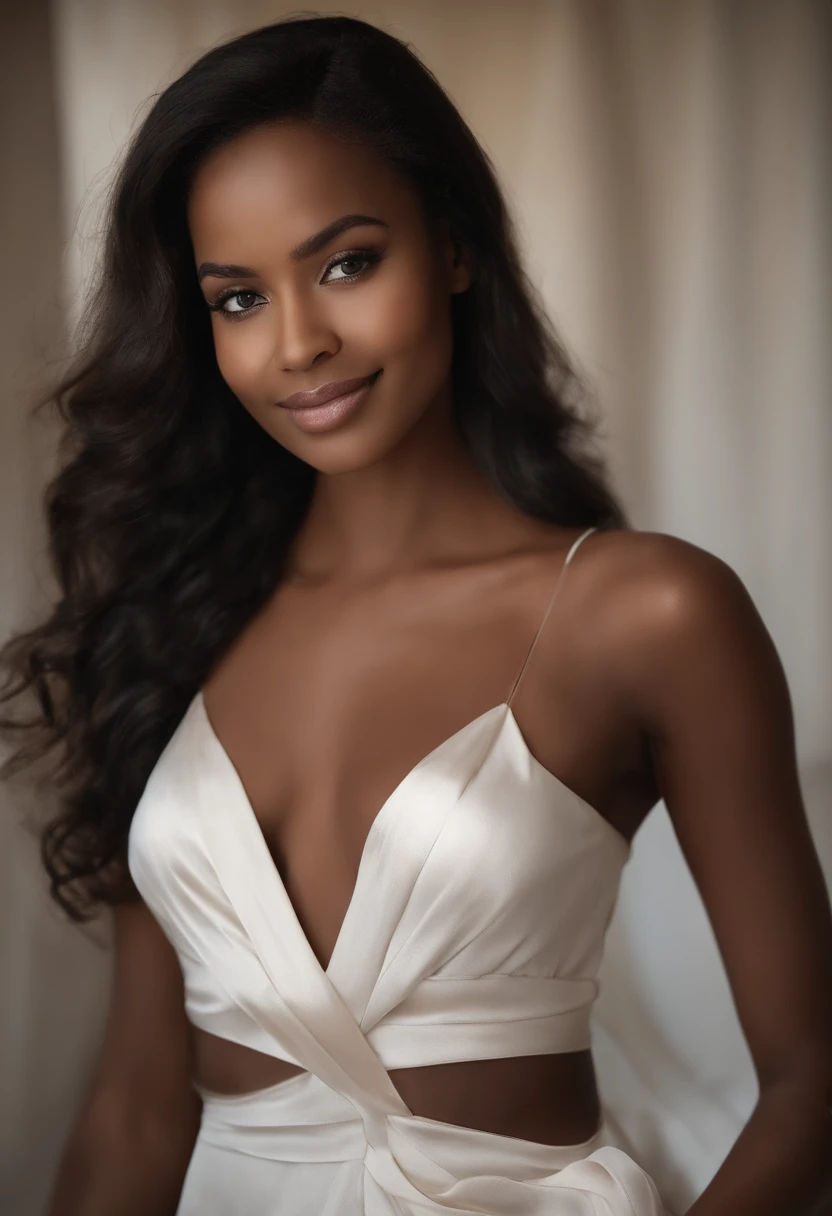 professionnel, (Photo 4k:1.1) par (Jeremy Lipking:0.3), (Dittmann Anna:0.3), (jiner:0.3), (mise au point nette:1.3), High detail, Porter (Neckline assembly:1.2), beautifull detailed face, yeux noisette, longs cheveux noirs, (attractive young woman:1.3), (Seductive:1.1), (rougissant:1.1), Forme du corps du sablier, gros seins ronds, hanches larges, Femme en robe noire , Black Goddess, tight attire, tight attire, smiling seductively, joli visage, fille parfaite aux cheveux blancs, pose satisfaite, Cute seductive smile, belle fille africaine, bonne jeune fille, very sexy pose, Bel angle, pose attrayante, fille mignonne, sexy pose, Un magnifique Africain, Image du corps entier, Very realistic whole body latina in an office