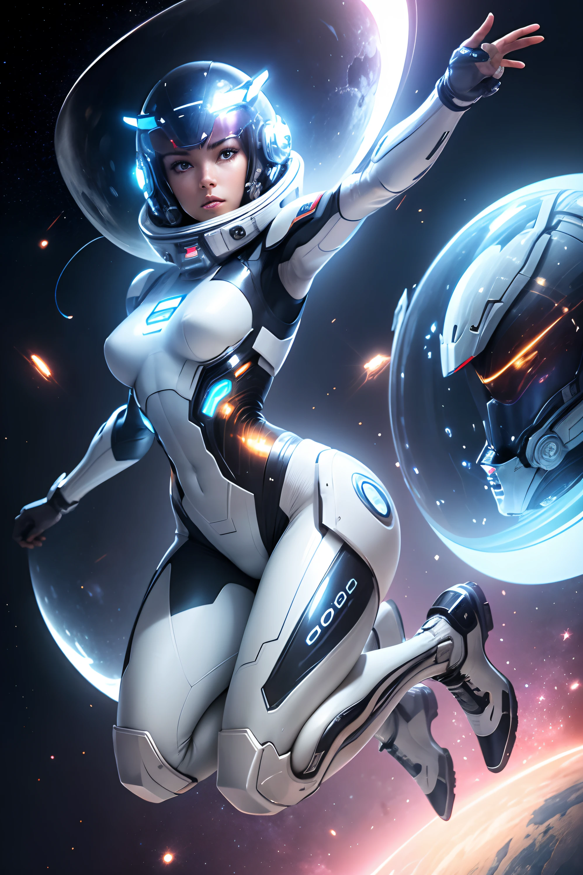 1female cyborg, clear helmet, in space, jumping from one spaceship to another, horizontal pose like Superman, one hand reaching forward, feminine body, beautiful face, sensual space suit, full body shot, slim figure, slim thighs, show head to toe, galaxy background, 2 spaceships in the background,