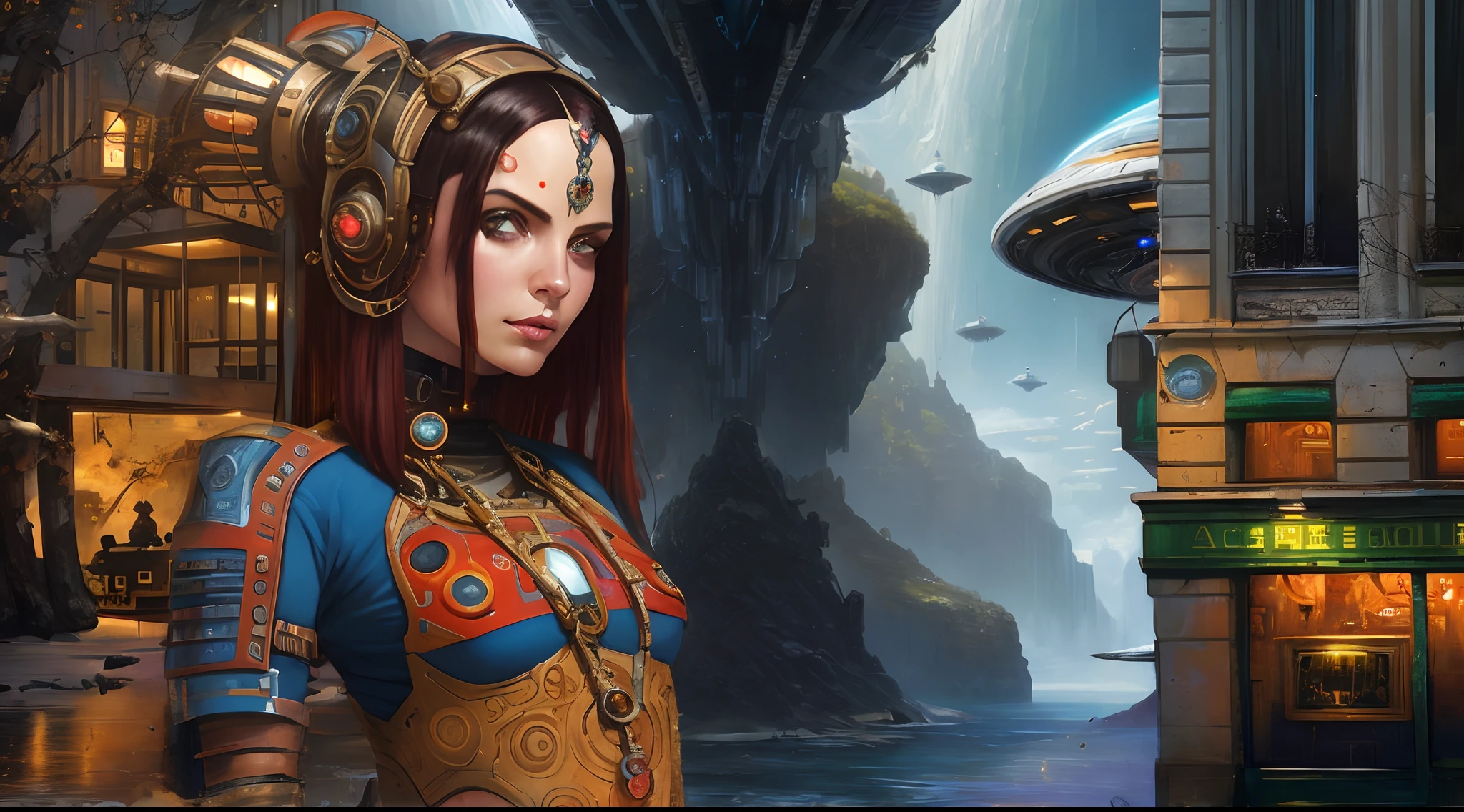 arafed woman in a futuristic outfit standing in front of a building, sci-fi fantasy art, artgerm julie bell beeple, sci-fi high fantasy, epic fantasy sci fi illustration, epic scifi fantasy art, colorful sci-fi steampunk, sci-fi fantasy wallpaper, detailed sci-fi art, greg beeple, sci fi art
