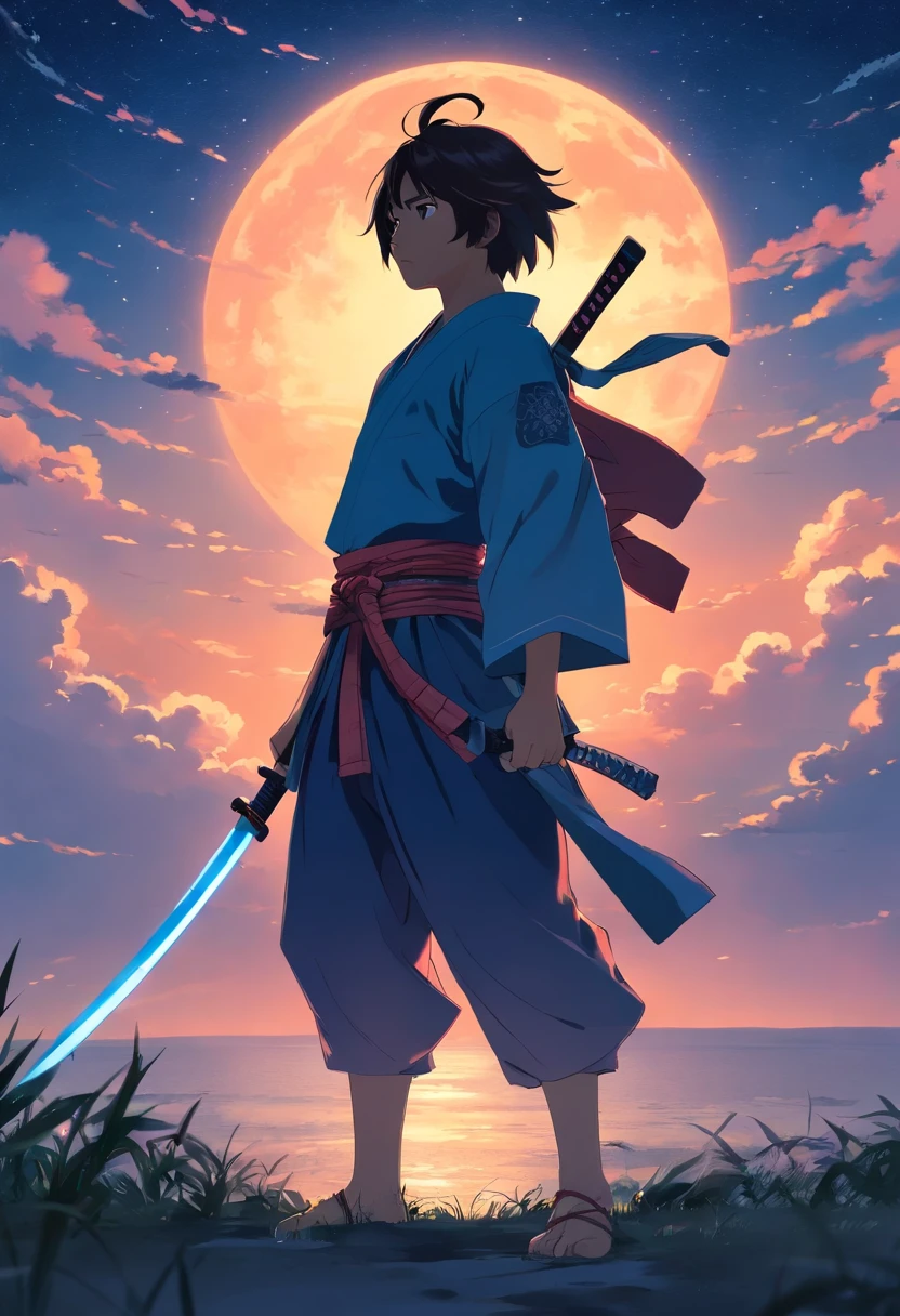make a samurai alone fighting in all his life and looking depressed with cool armor looking at midnight sky