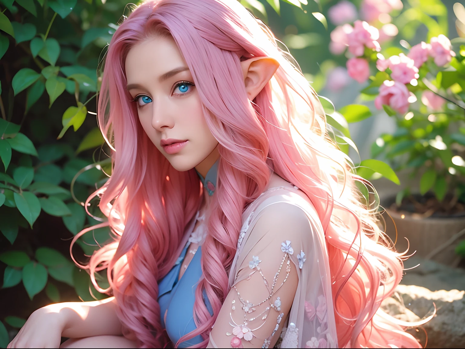 sitting, on Woman, long curly hair, pink hair, blue eyes, elf, cute