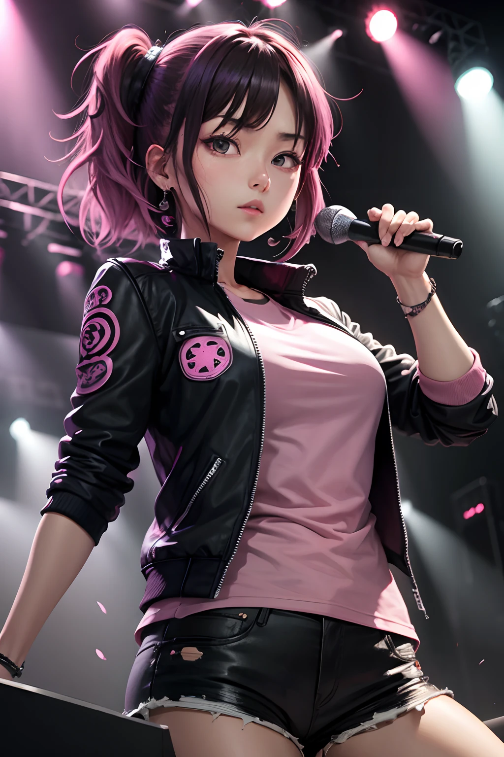masterpiece, best quality, 1woman, upperbody, jirou, detailed eyes, pink shirt, black jacket, torn clothes, concert, (stage)
