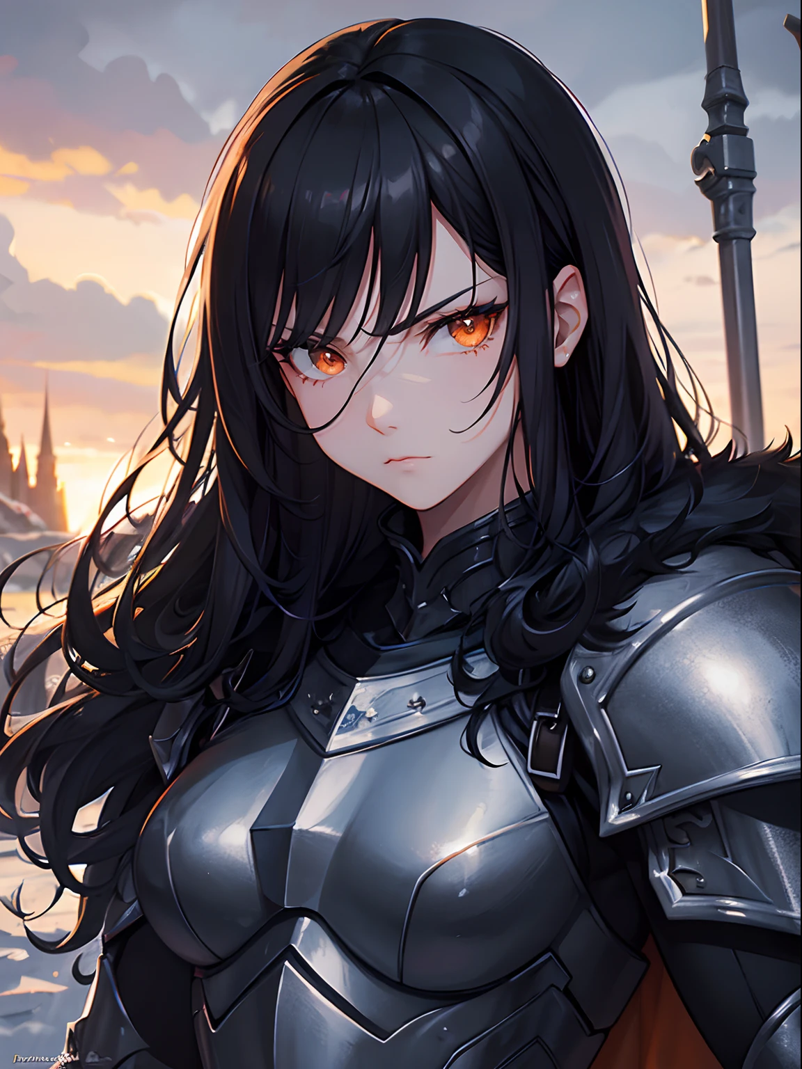 Close up, fantasy world, snowy fields, ice, adult woman, dirty, stern expression, tough look, long curly black hair, orange eyes, muscular, steel plated armour, furry black cape