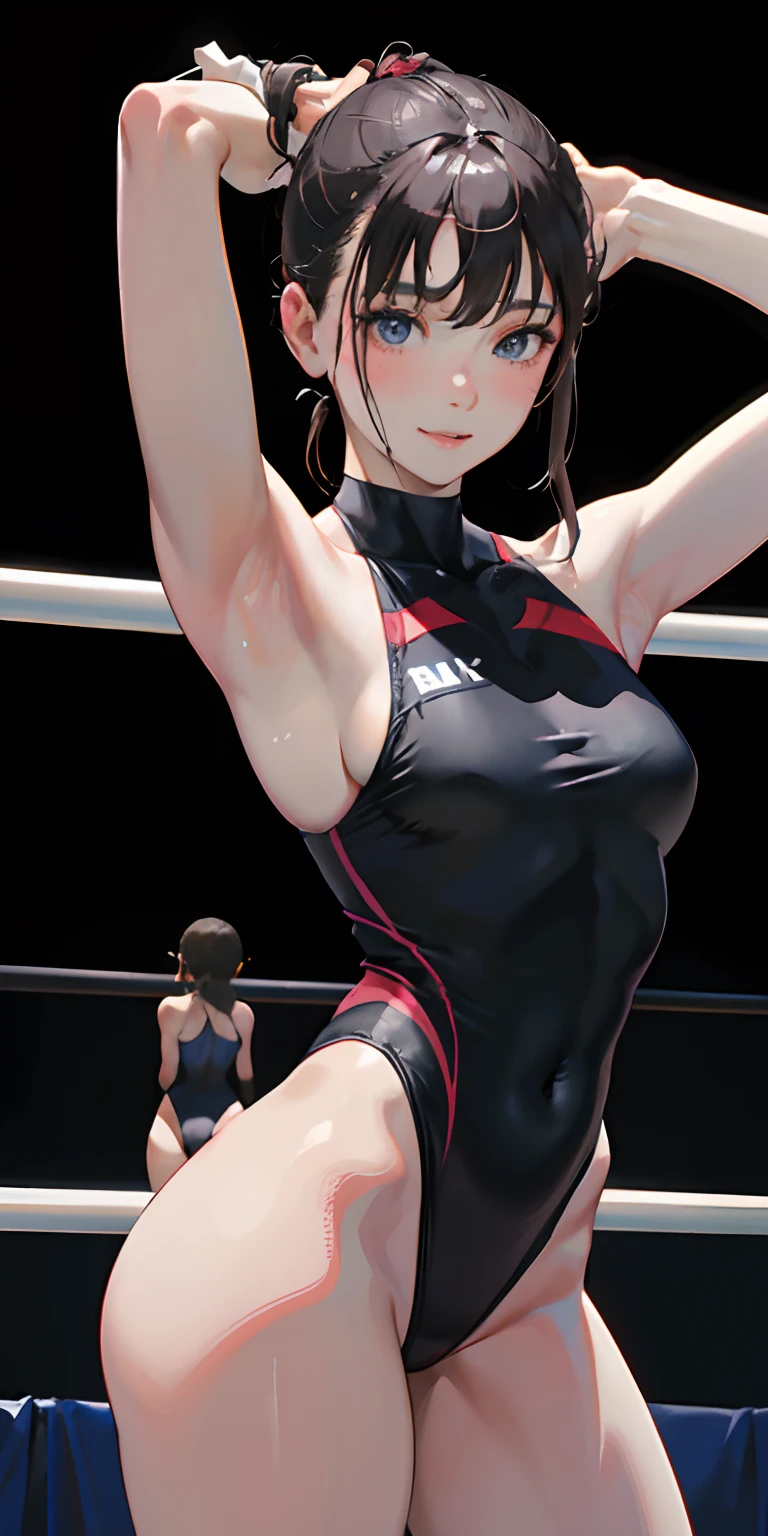 masterpiece、top-quality、hight resolution、Realistic Girl、gymnast、Close-up of people、Wearing a black bodysuit、During gymnastics competitions、Smile、Gymnastics competition venue、A sexy
