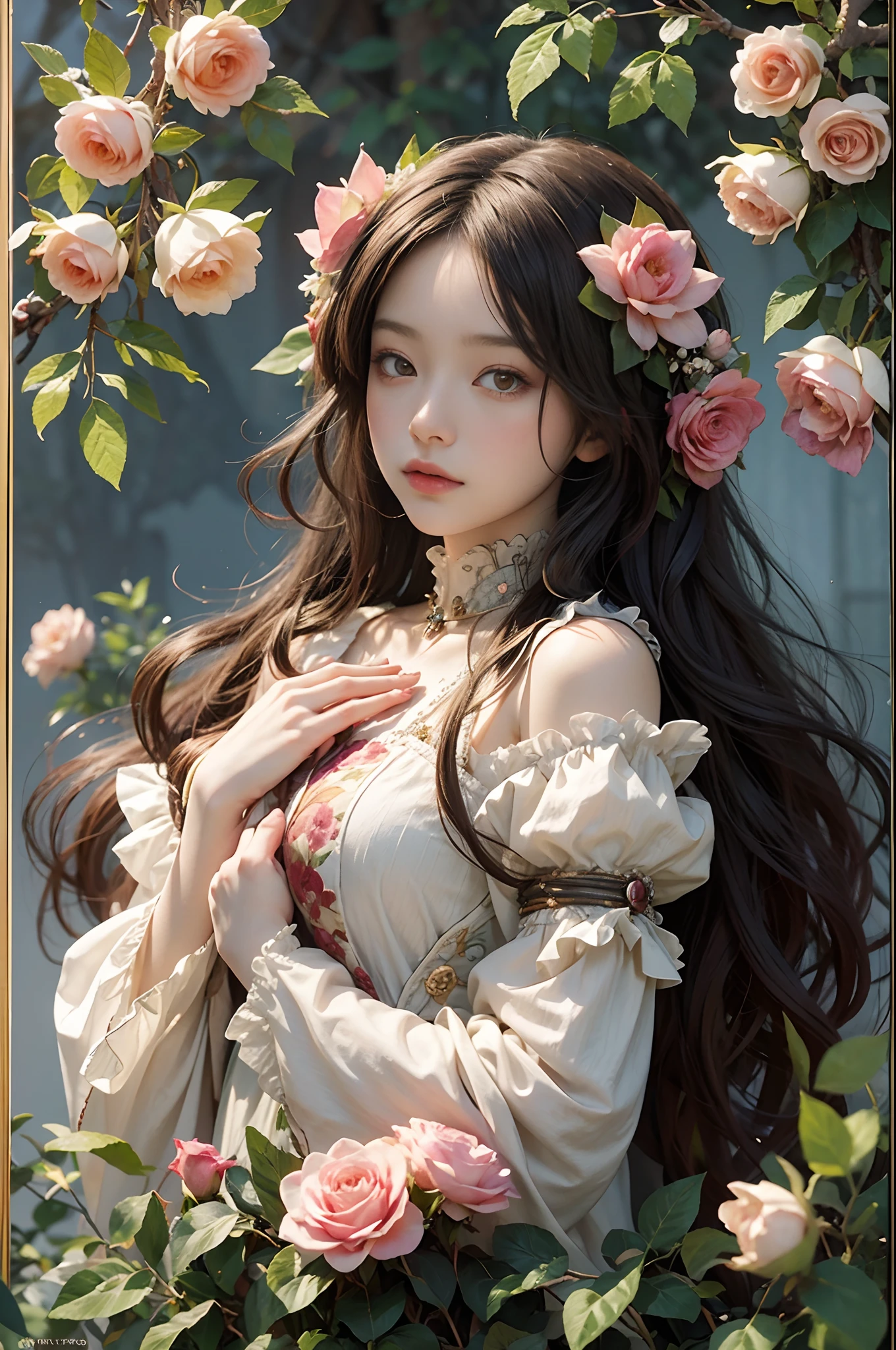 anime girl as a Botticelli model, burgundy and apricot roses, leaves, flowers, fruits, Alfons Mucha style of clothing